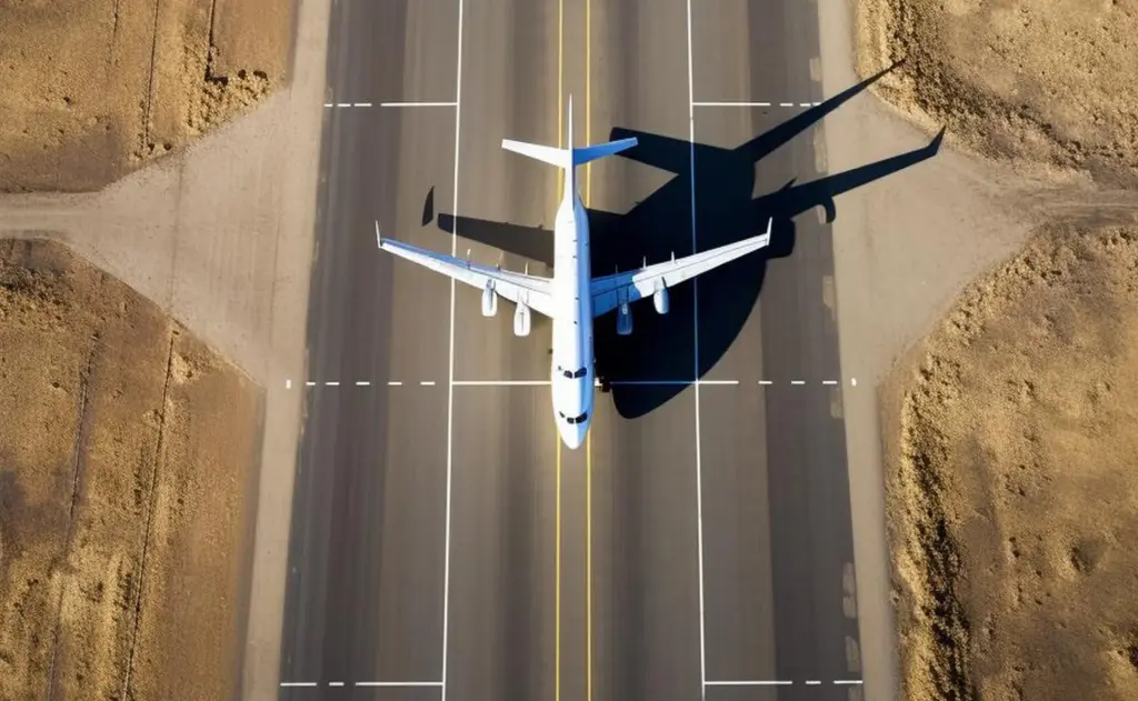 Aerial view of airplane on runway, casting shadow, depicting travel and aviation themes.