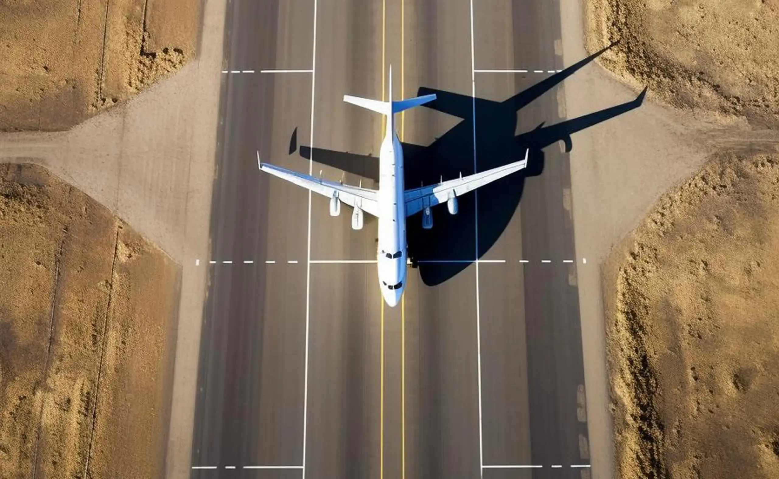 Aerial view of airplane on runway, casting shadow, depicting travel and aviation themes.
