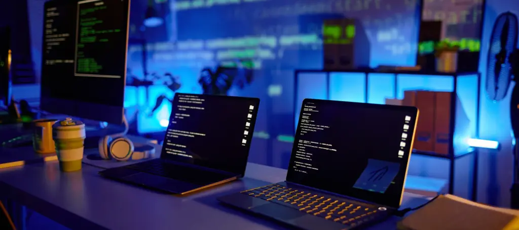 Dimly lit workspace with laptops displaying code beside headphones and coffee cups. Perfect coding ambiance.