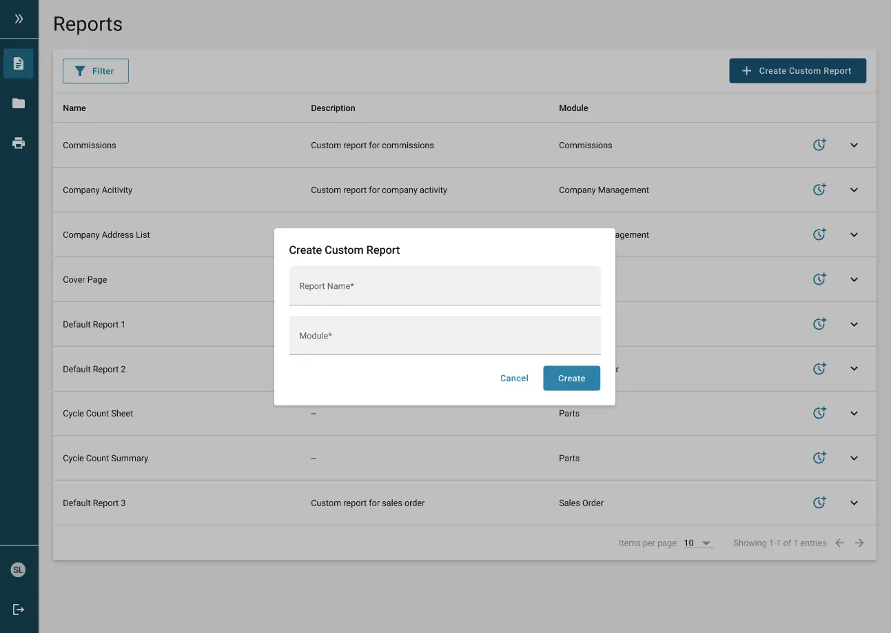 Screenshot of a reports dashboard showing options to create and customize various reports, with a pop-up to create a custom report