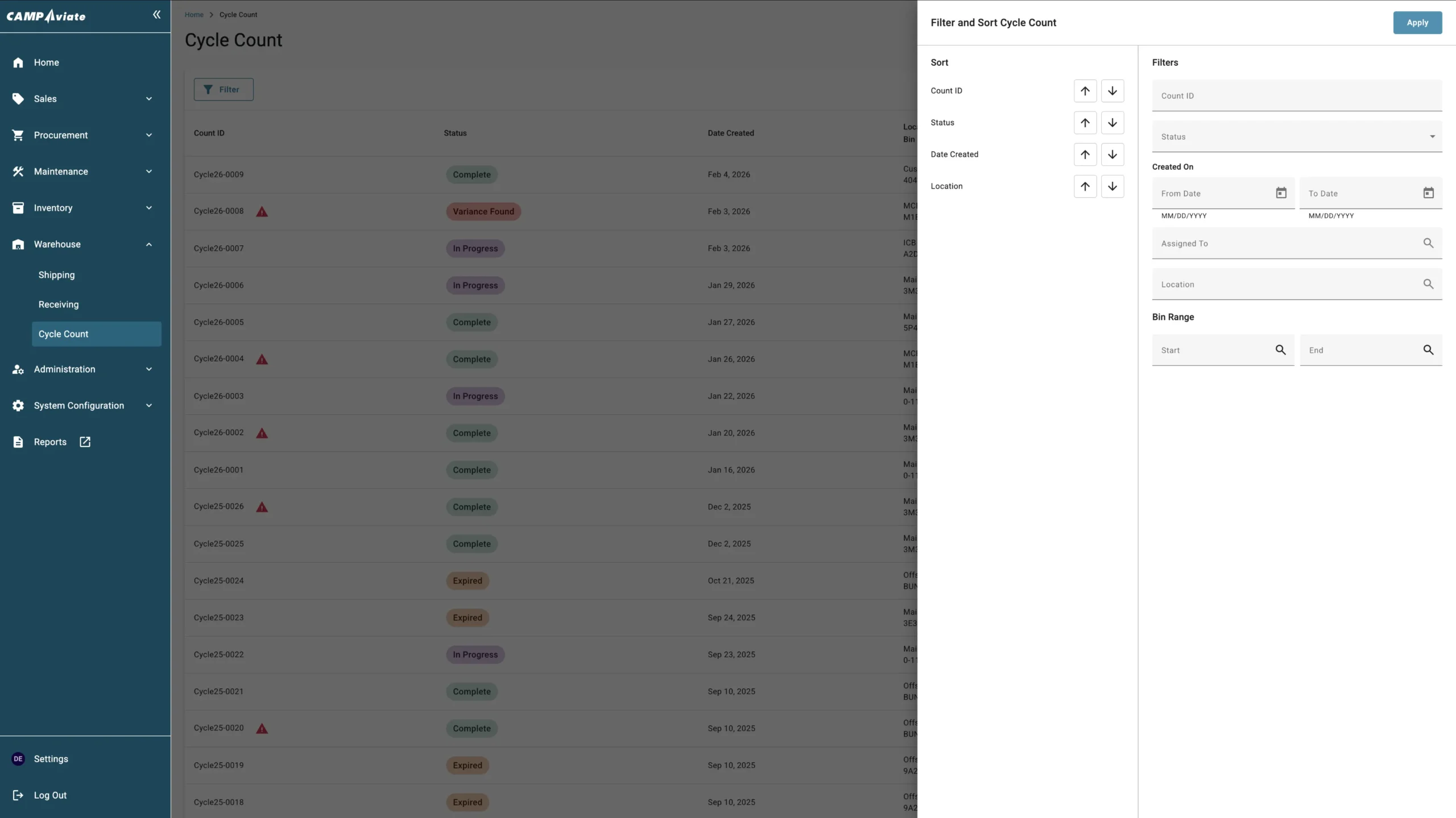 Inventory management interface showing cycle count status and filter options