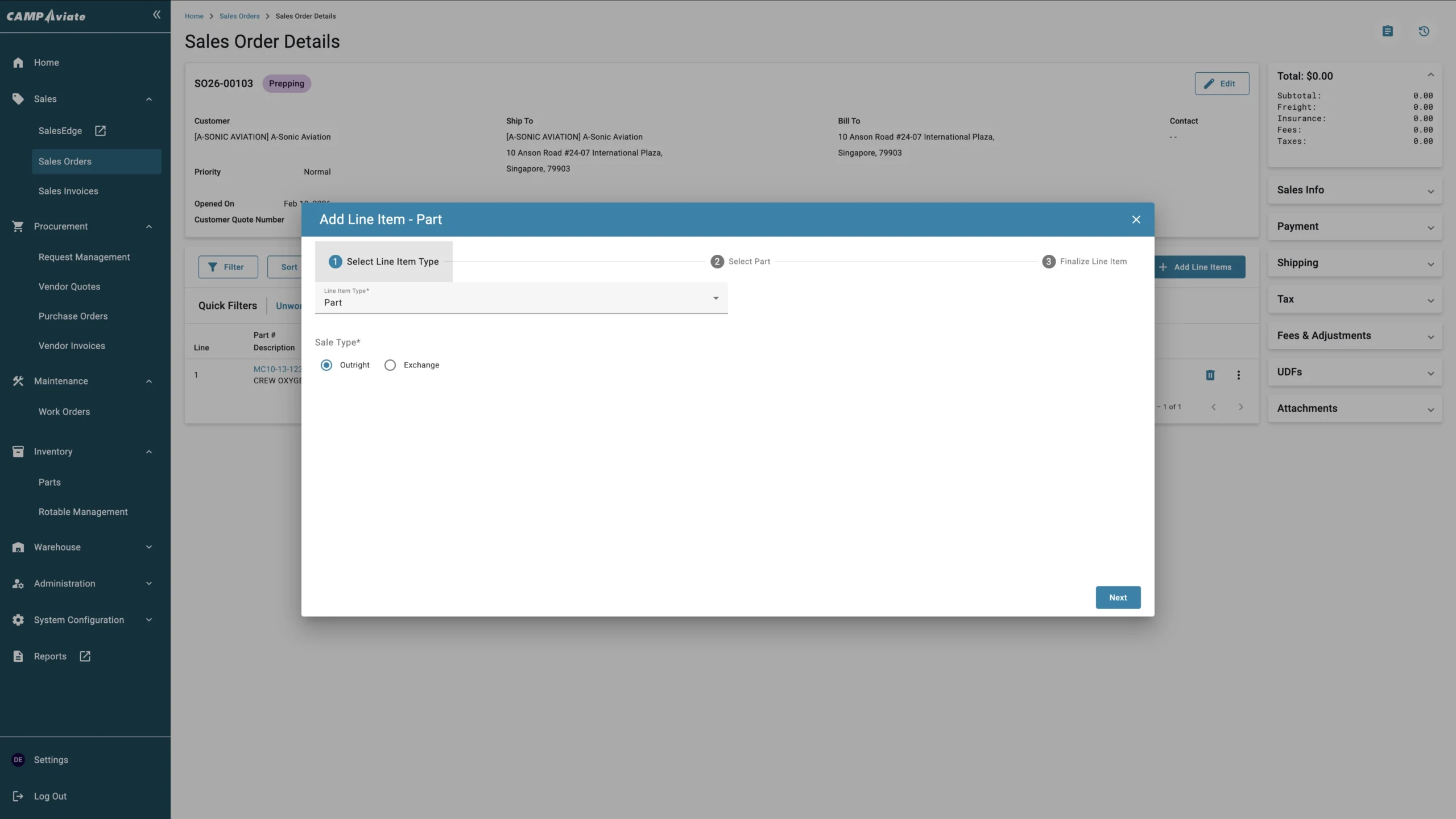 Sales order details screen in CAMP Aviate software with add line item pop-up form