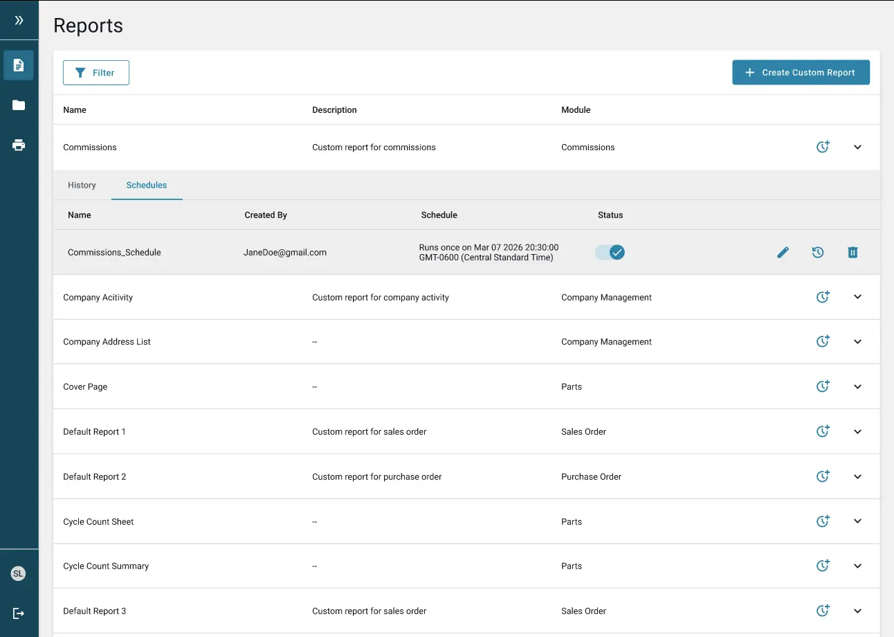 Dashboard image showing various report schedules and descriptions for company management, parts, and orders