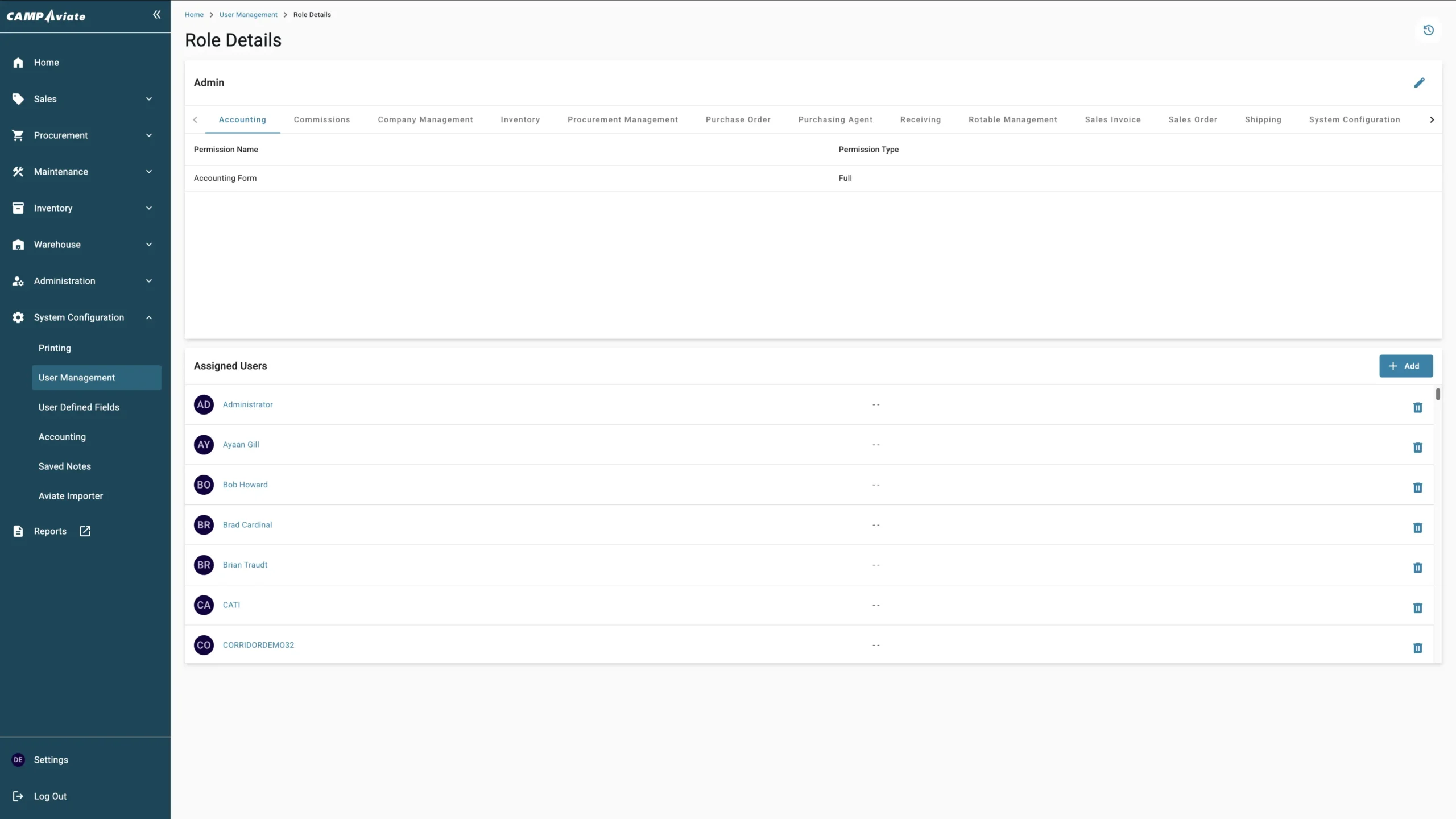 Admin role details screen showcasing user permissions in management system interface.