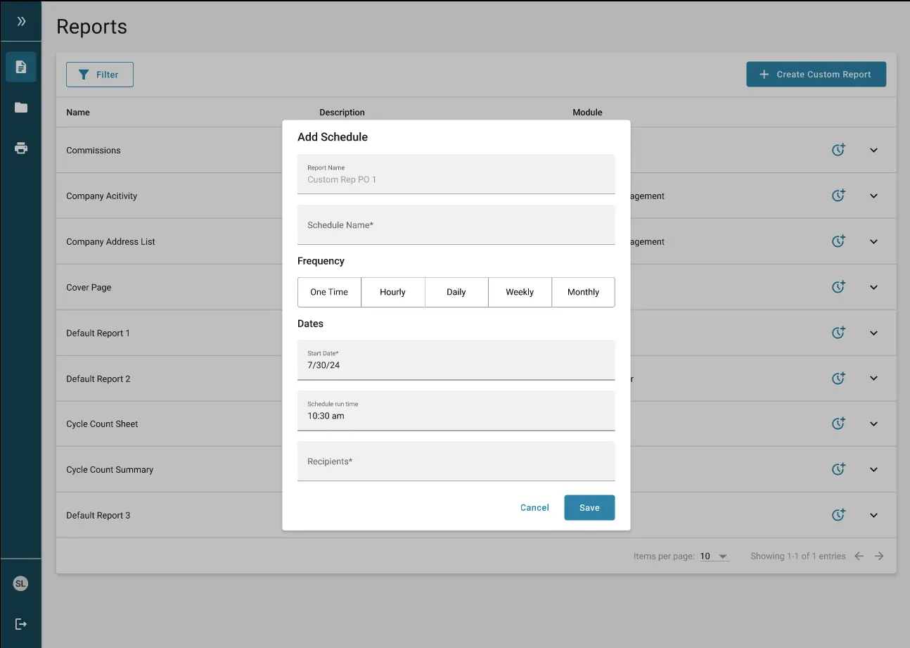 Report scheduling interface with options for frequency and date input on software dashboard