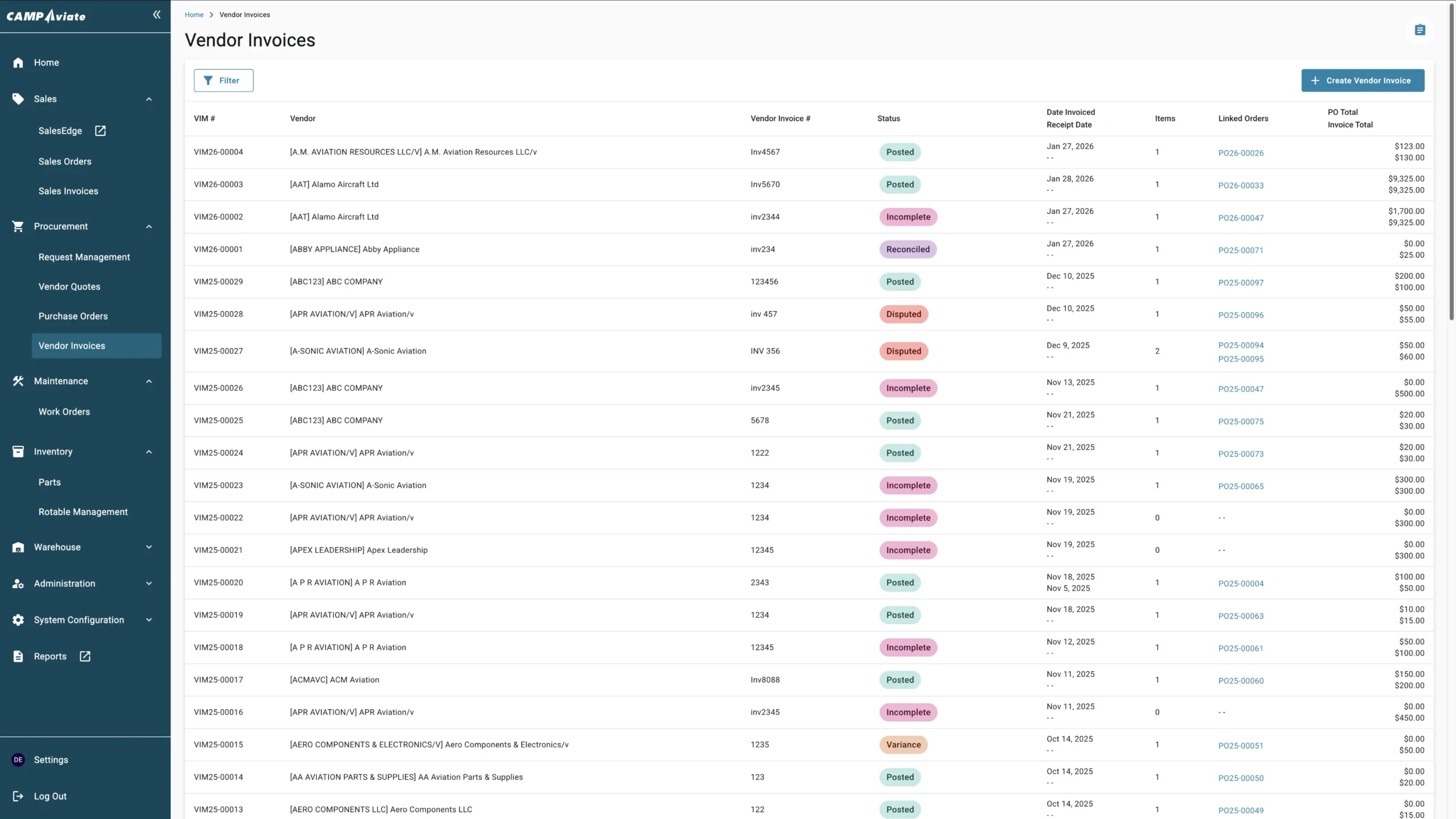 Vendor invoices dashboard with statuses: posted, incomplete, reconciled, disputed. Invoice details and totals displayed