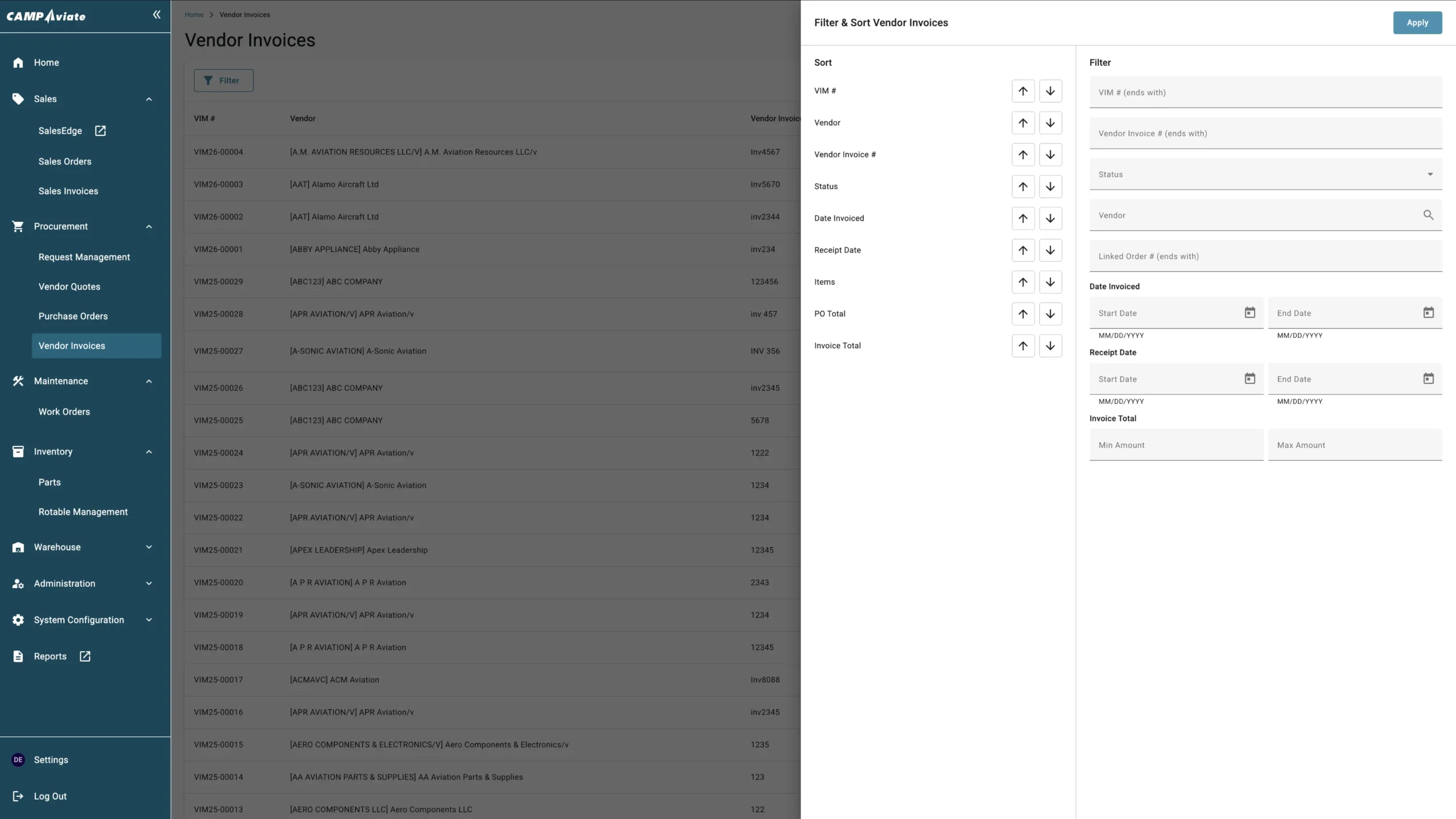 Vendor Invoices Dashboard: View and filter invoices by vendor, status, date, and total. Options for sorting included