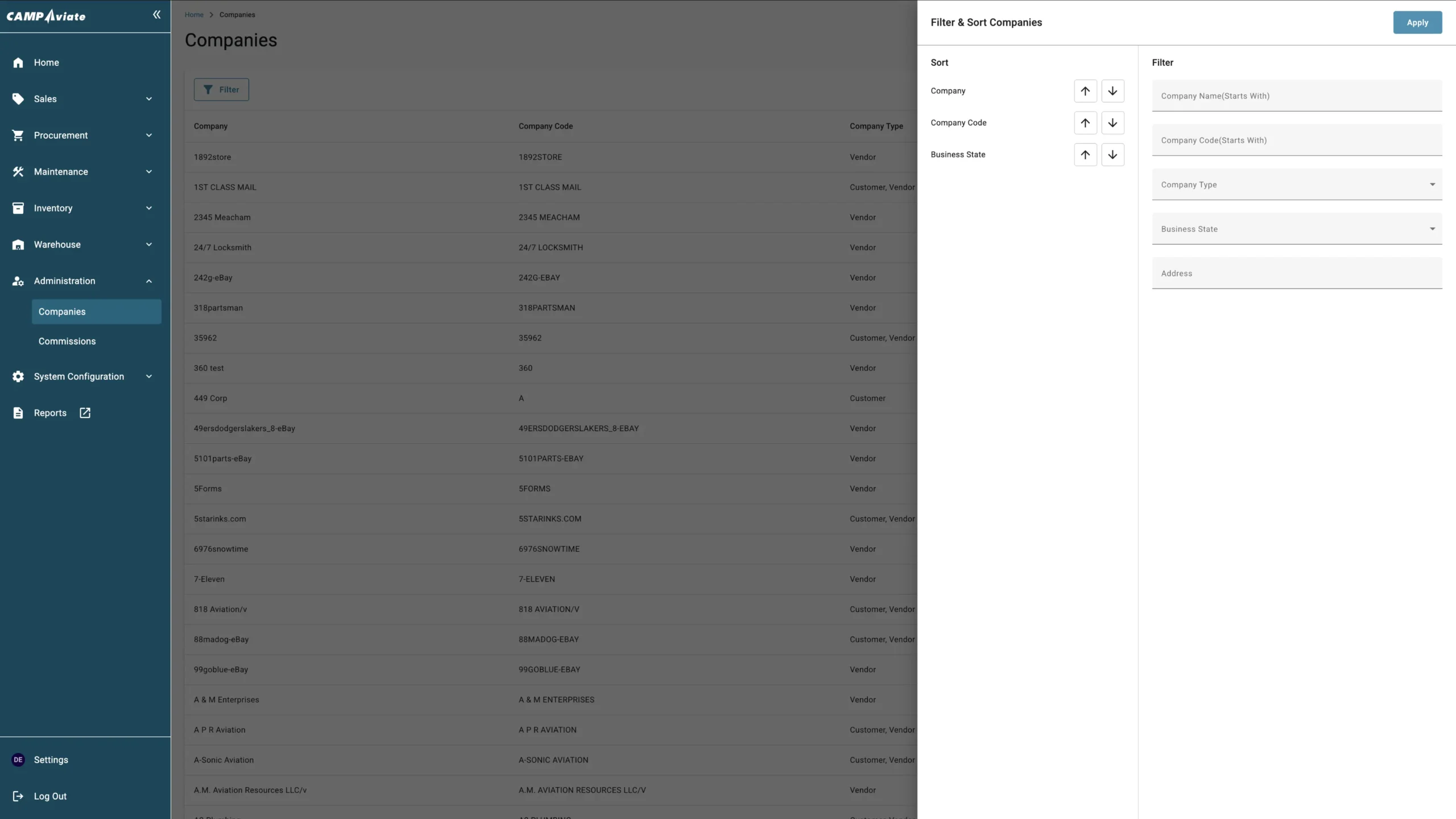 Dashboard interface for managing company data with filter and sort options