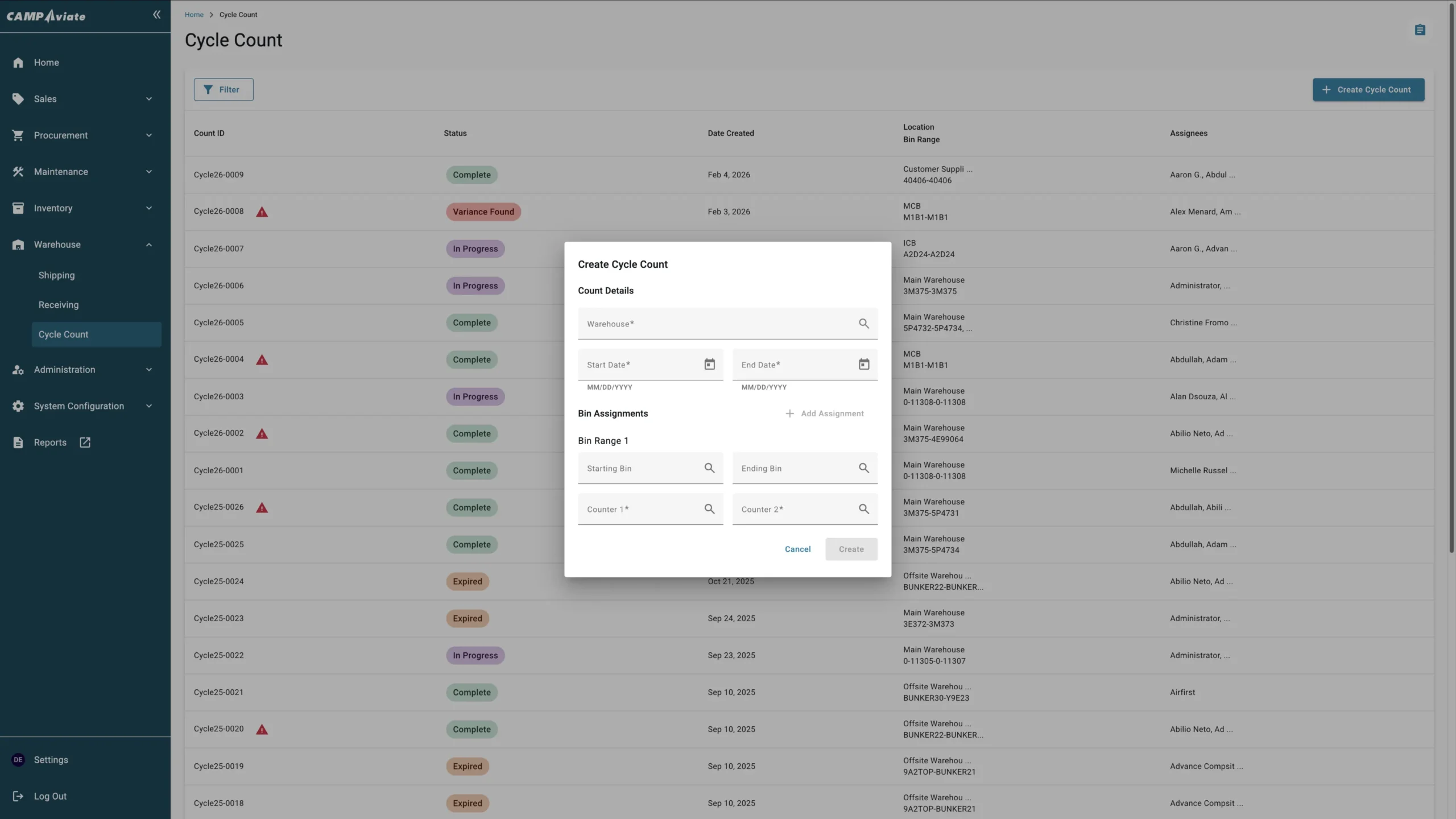 Inventory management software interface showing cycle count details and status updates