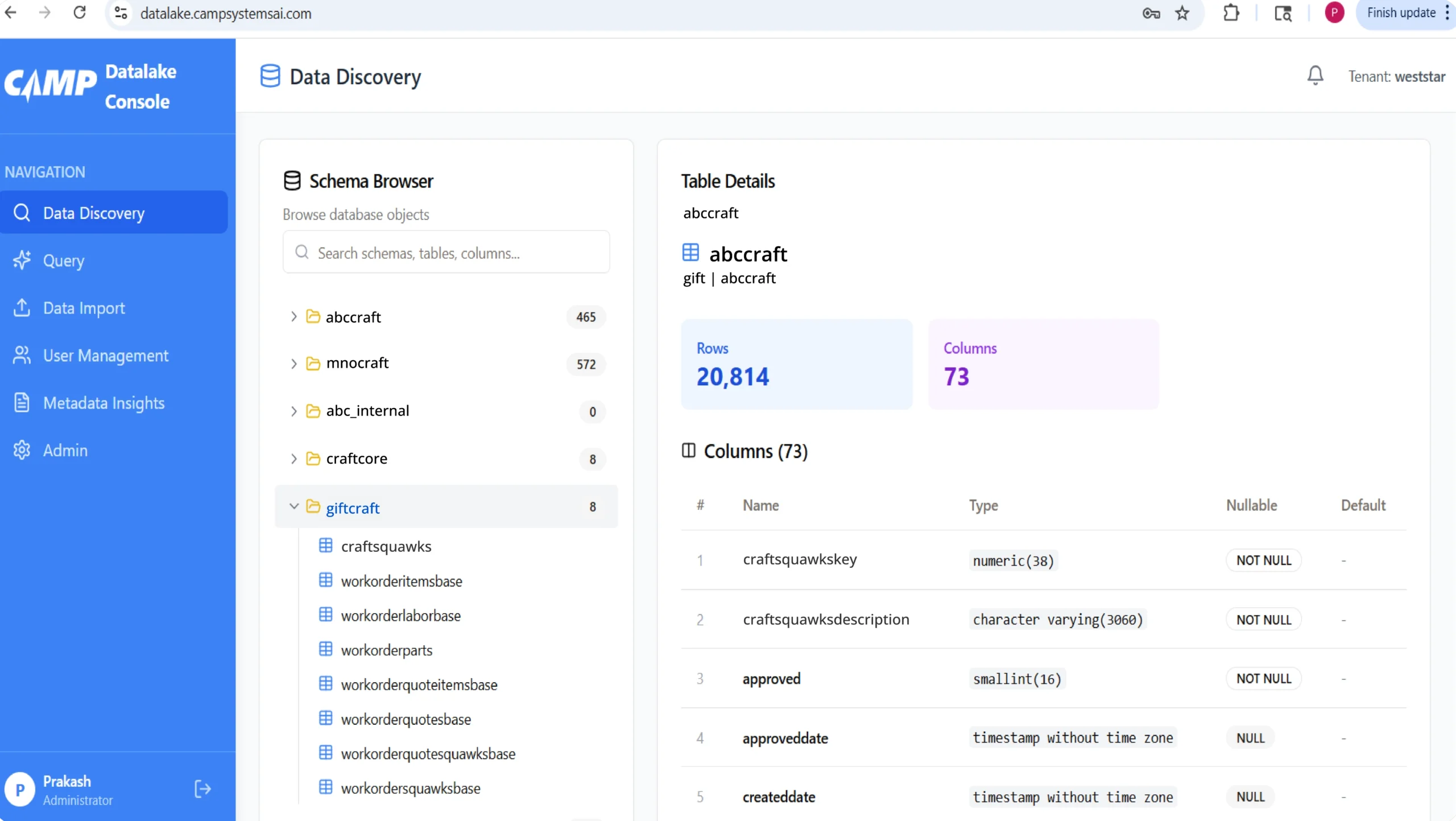 Database console interface showing schema browser, table details with 20,814 rows and 73 columns in abccraft table