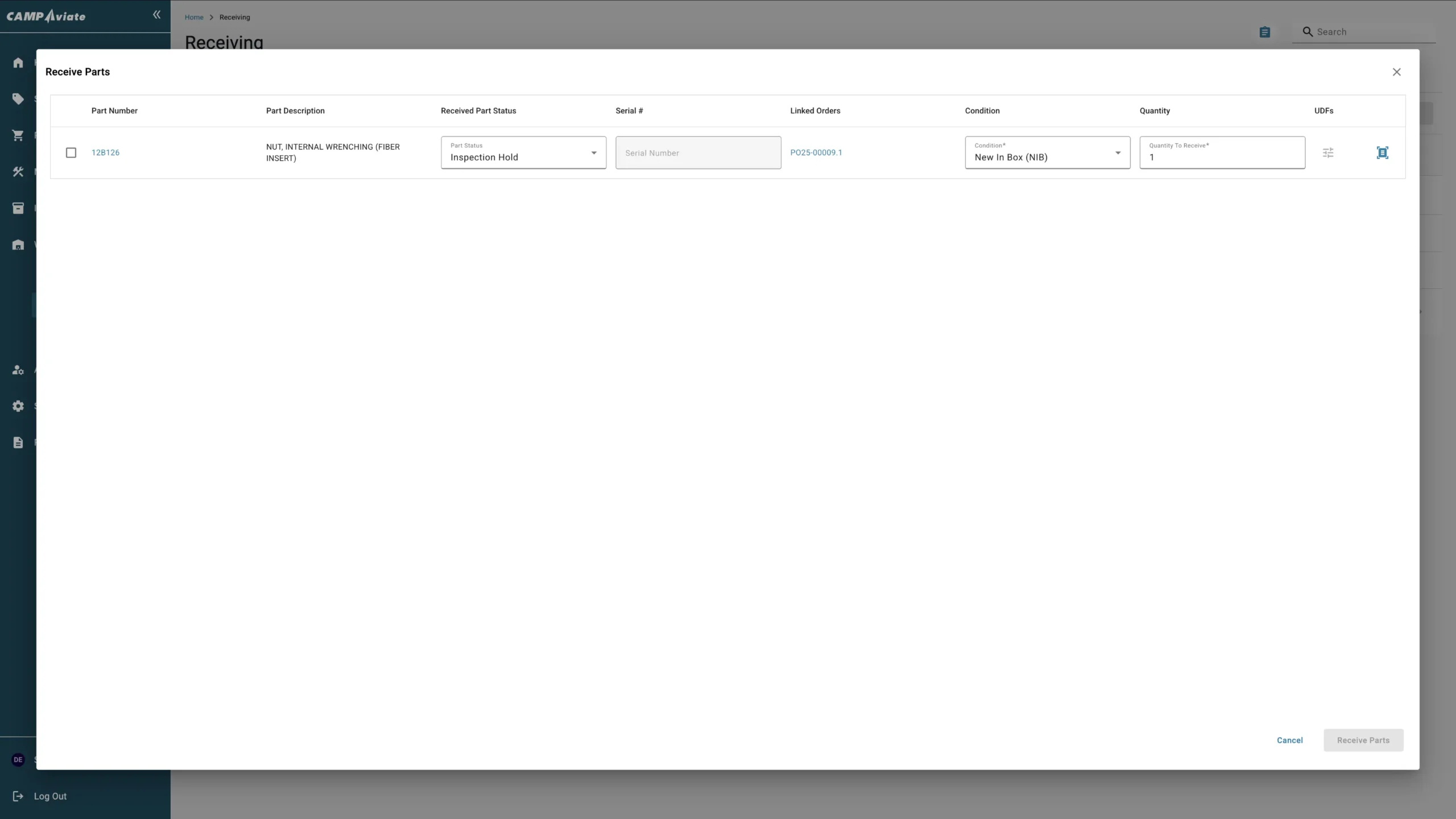 Software interface for receiving parts showing part details, status, serial number, and quantity in CAMP Aviate system