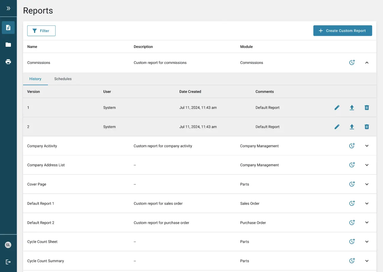 Dashboard interface showing custom and default reports for commissions and company management