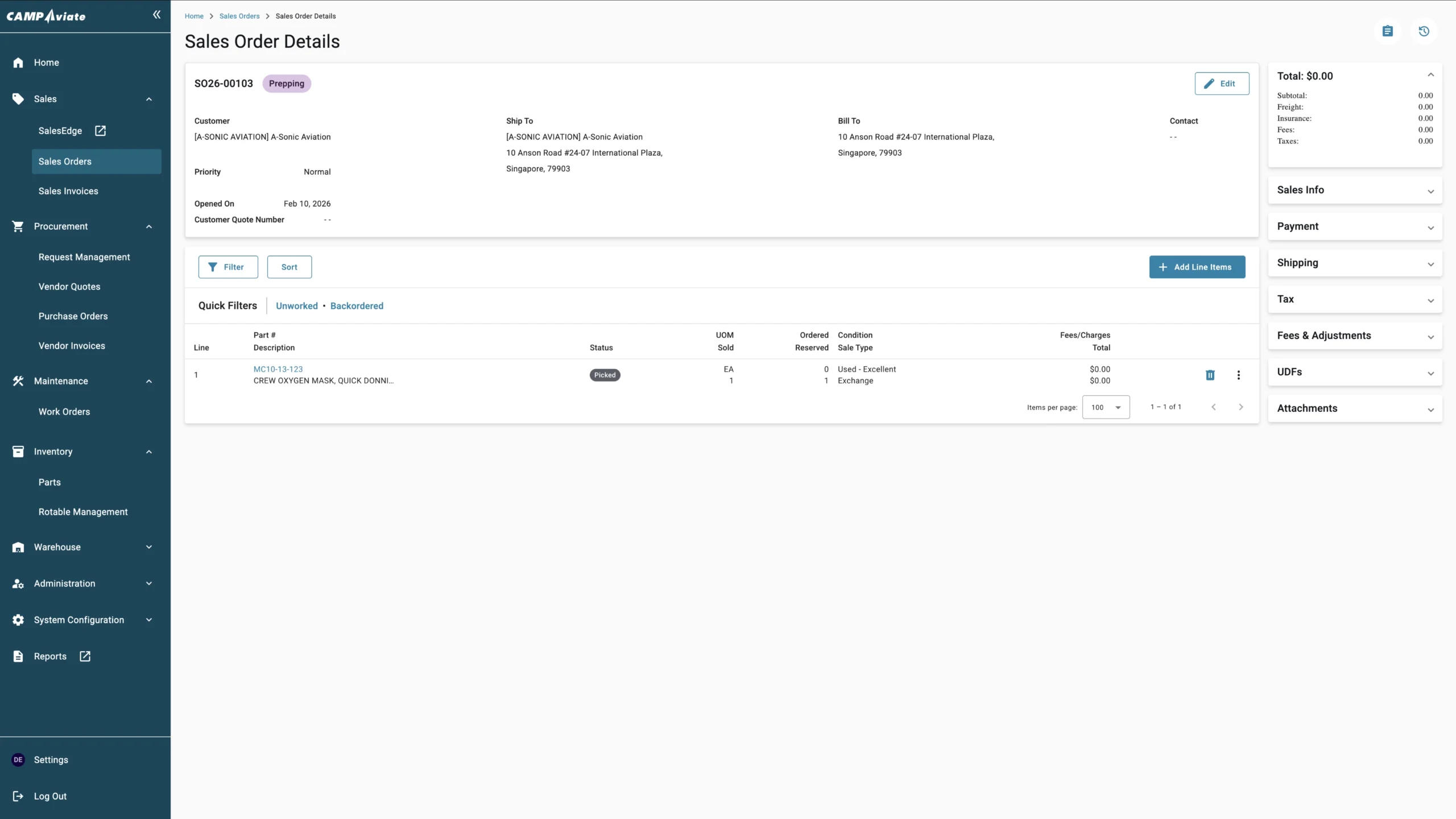 Sales order details screen showing customer and order information for CAMP Aviate system