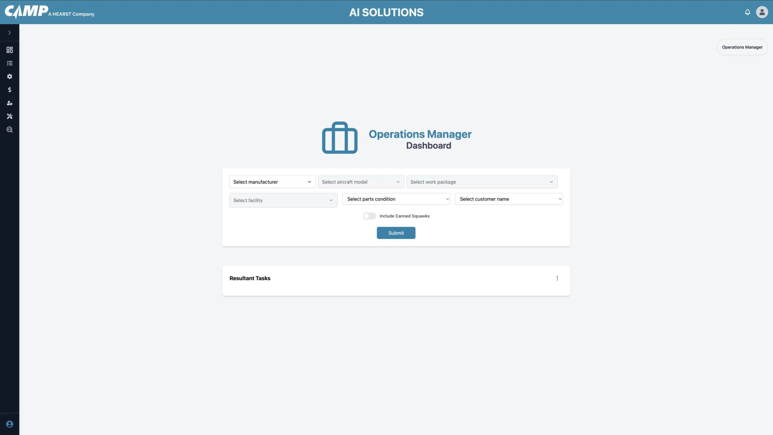 Operations Manager Dashboard interface for selecting manufacturer, aircraft model, work package, and more