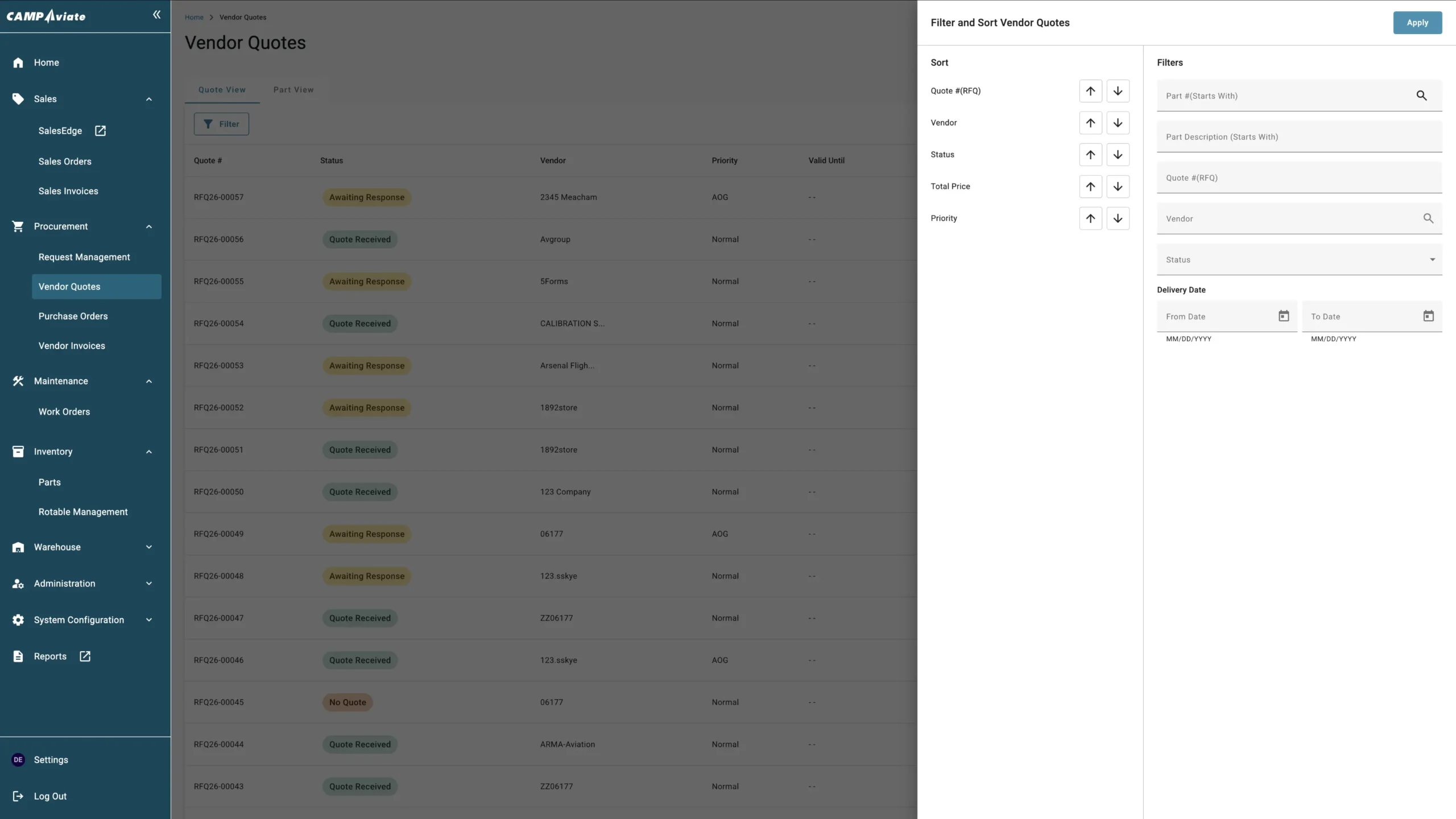 Dashboard view of vendor quotes with sorting and filtering options in procurement software interface