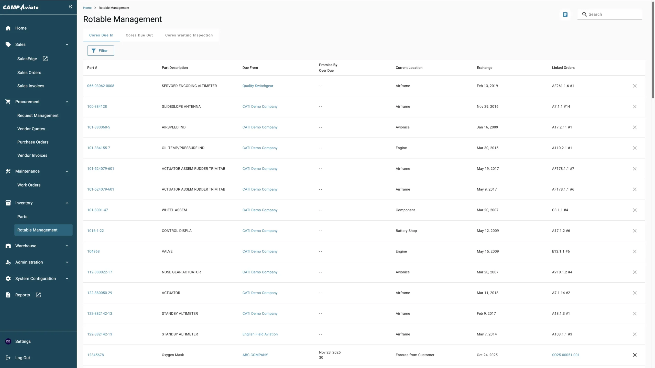 Rotable management dashboard displaying parts list, due dates, and locations for maintenance tracking