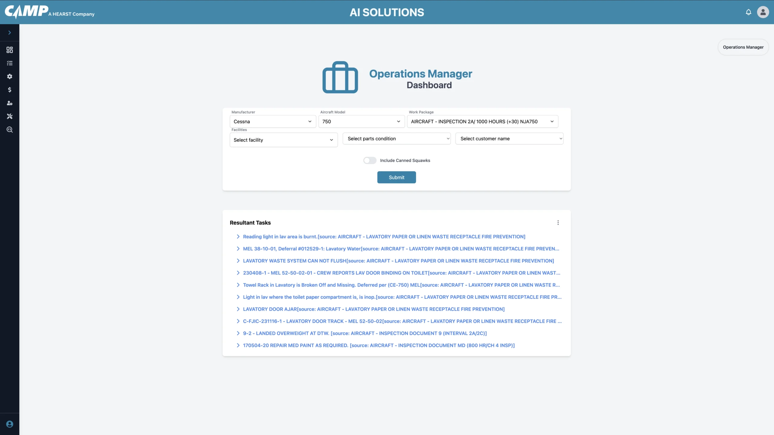 Operations Manager dashboard interface for managing aircraft tasks and maintenance scheduling