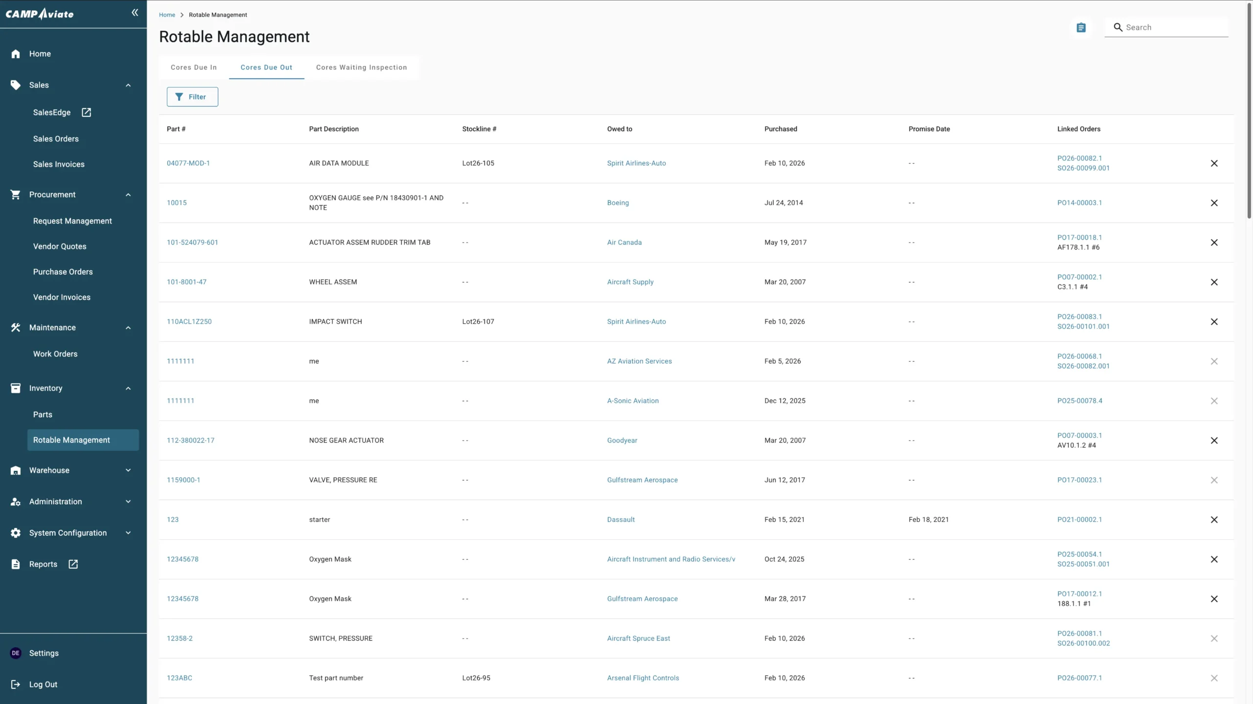 Rotable management dashboard showing part details including description, stockline, vendor, and purchase date