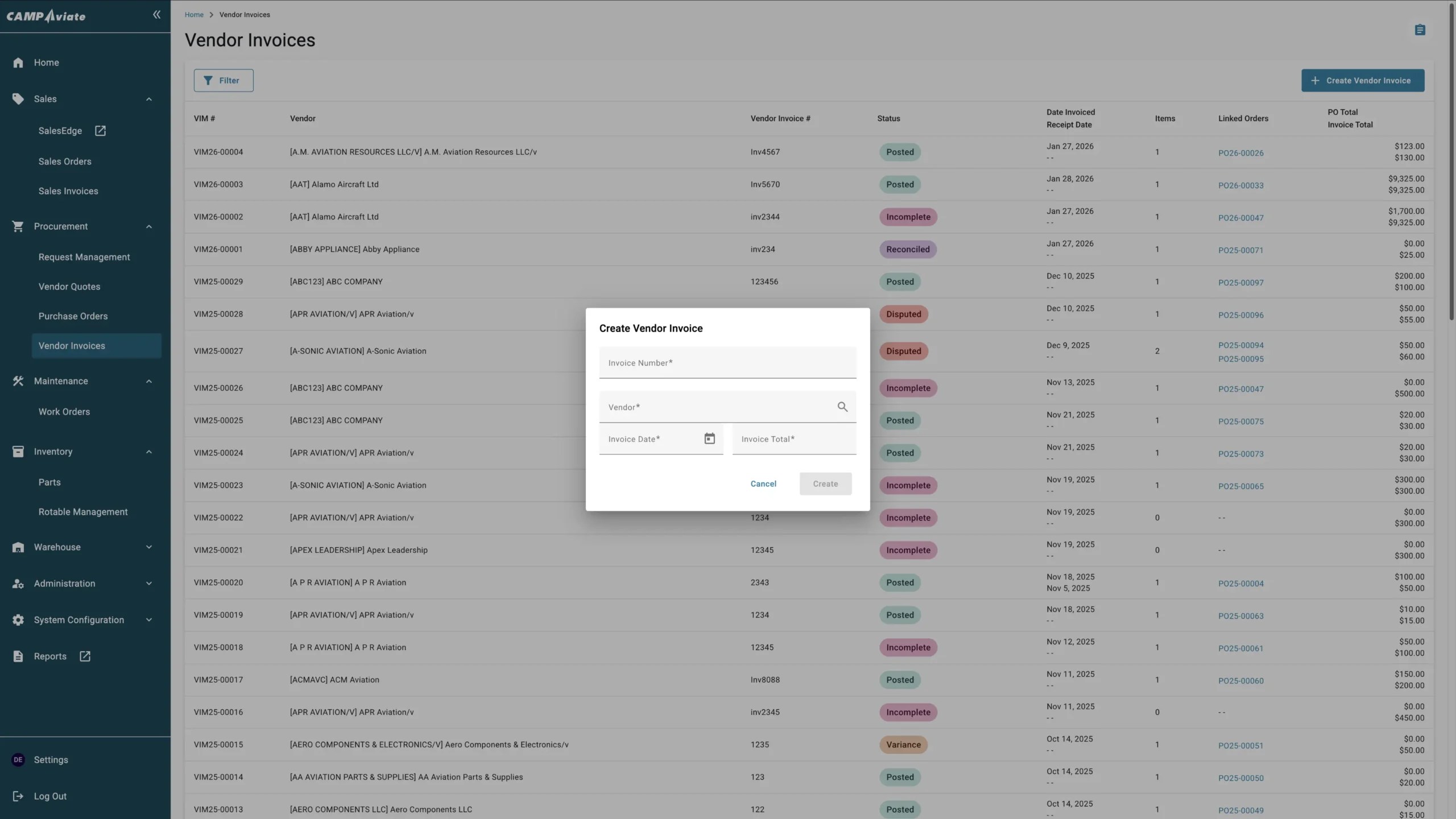 Vendor invoice management screen with a pop-up for creating a new invoice in the software interface