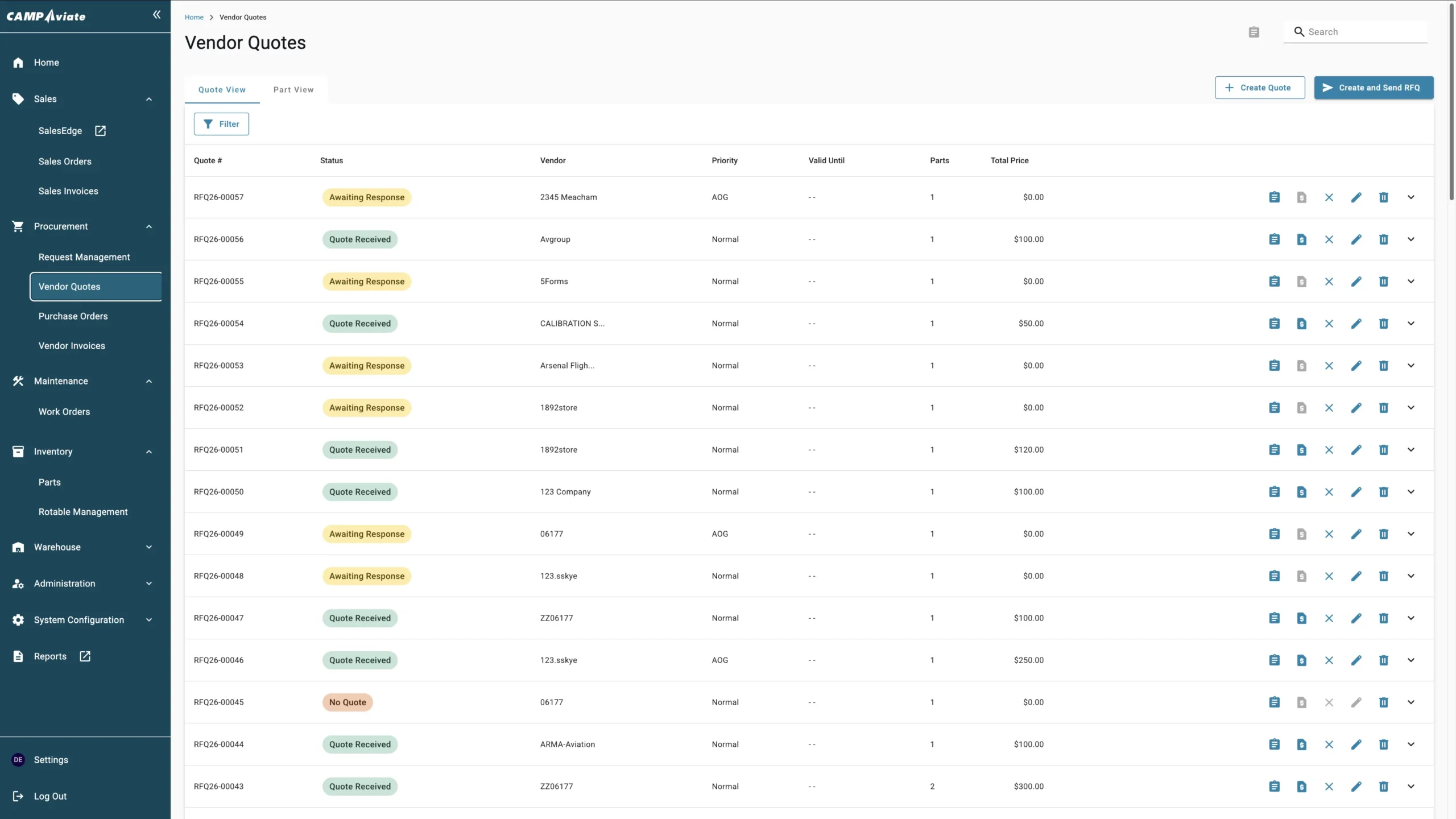 Vendor Quotes Dashboard: Lists quote statuses, vendors, priorities, and pricing for procurement management