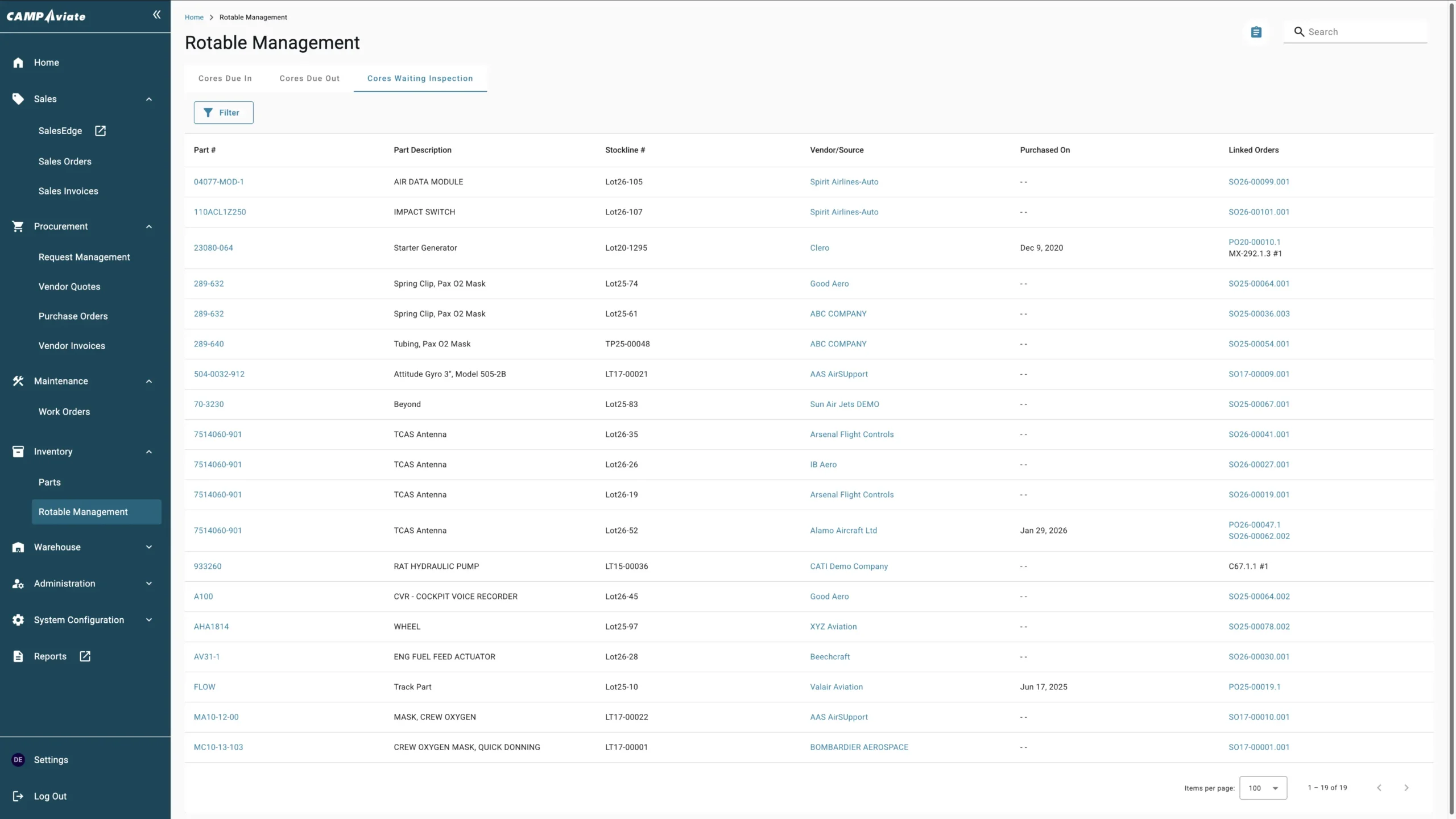 Rotable management software interface showing parts list with part numbers, descriptions, and vendors for aviation inventory
