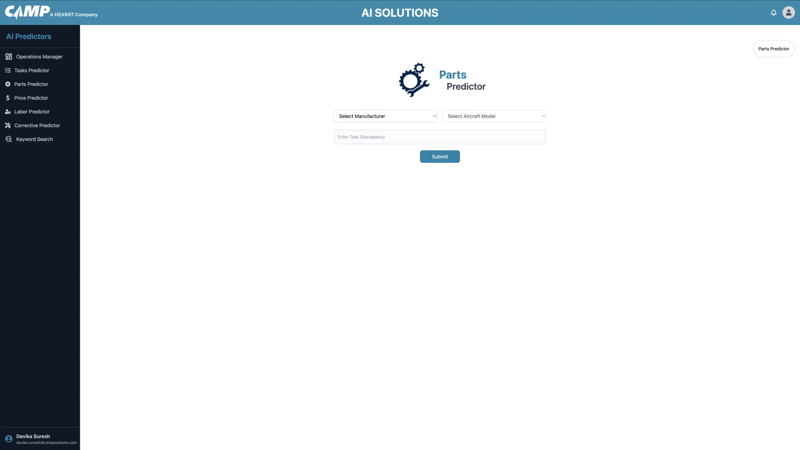 AI Solutions interface for parts prediction with manufacturer and aircraft model selection options