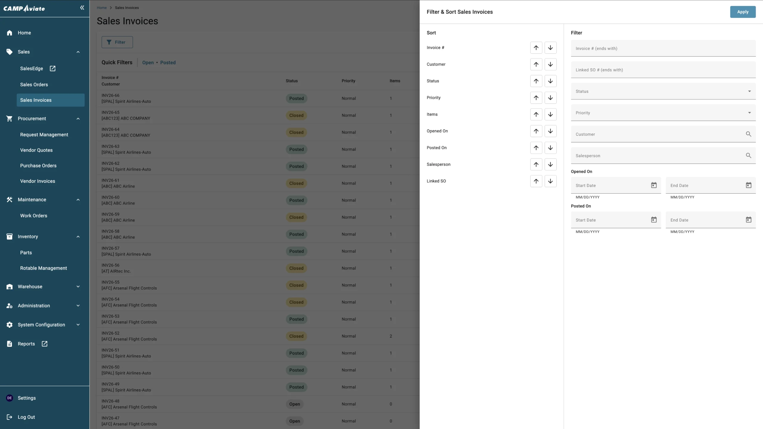 Sales invoice dashboard with filters for invoice number, customer, status, and dates on CAMP Aviate interface