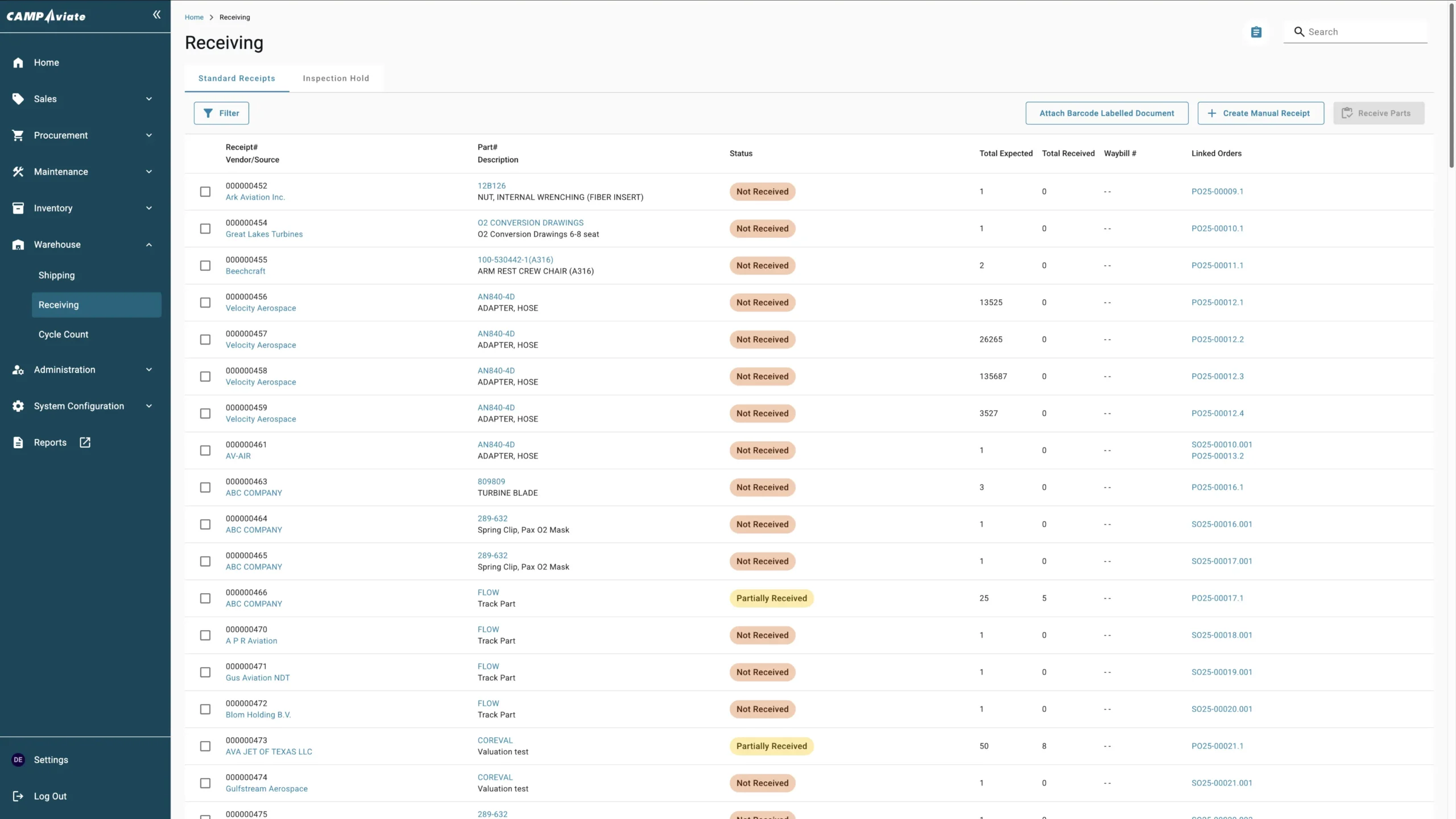 Receiving dashboard showing parts, vendors, statuses, and quantities. Not received and partially received items listed