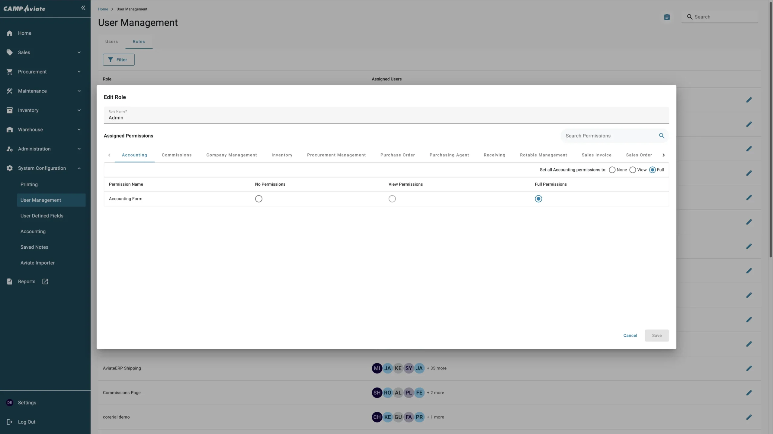 User management interface showing role permissions for accounting tasks, with options for view and full access.