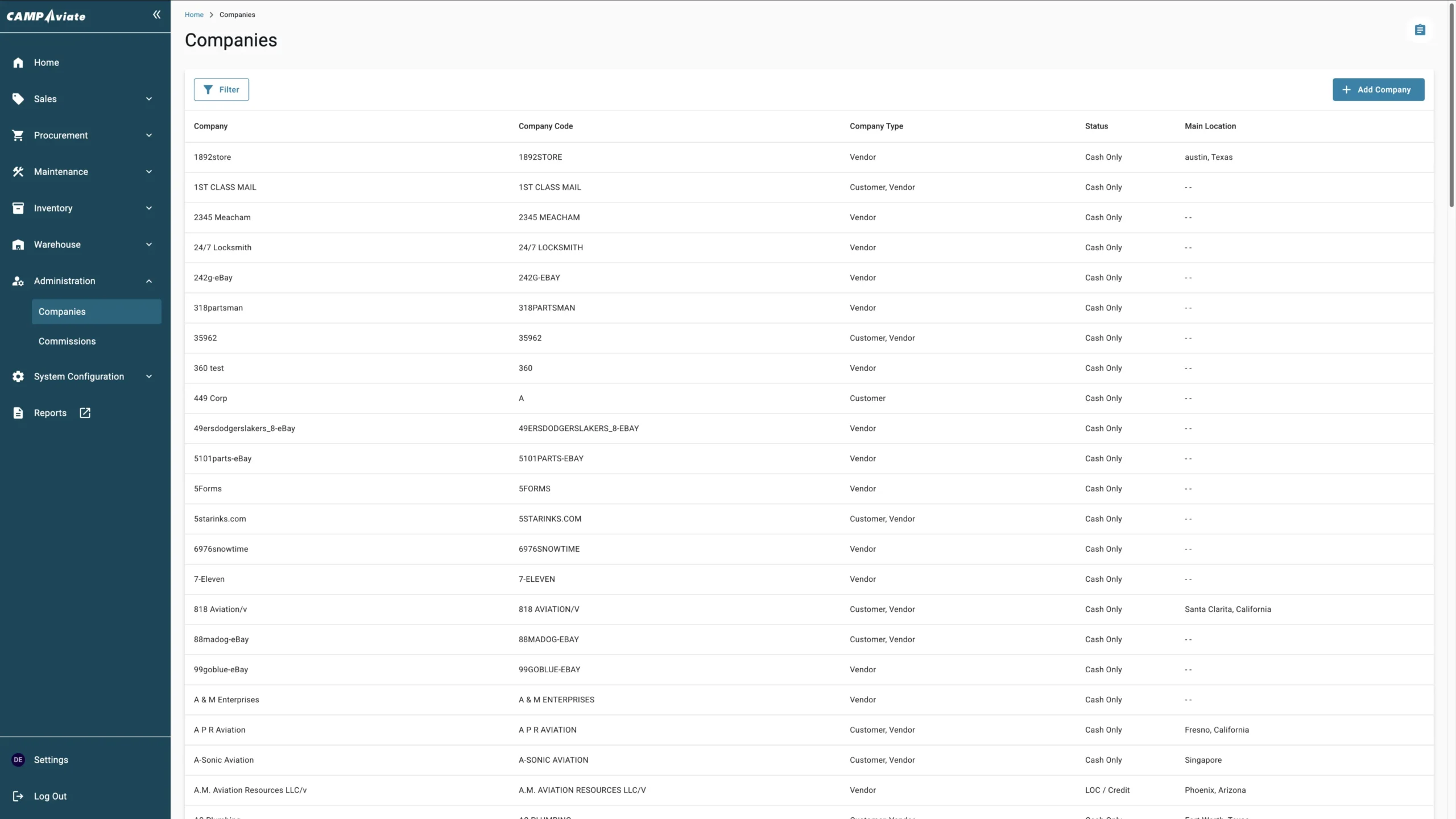 Company management dashboard displaying company names, codes, types, status, and locations for streamlined organization