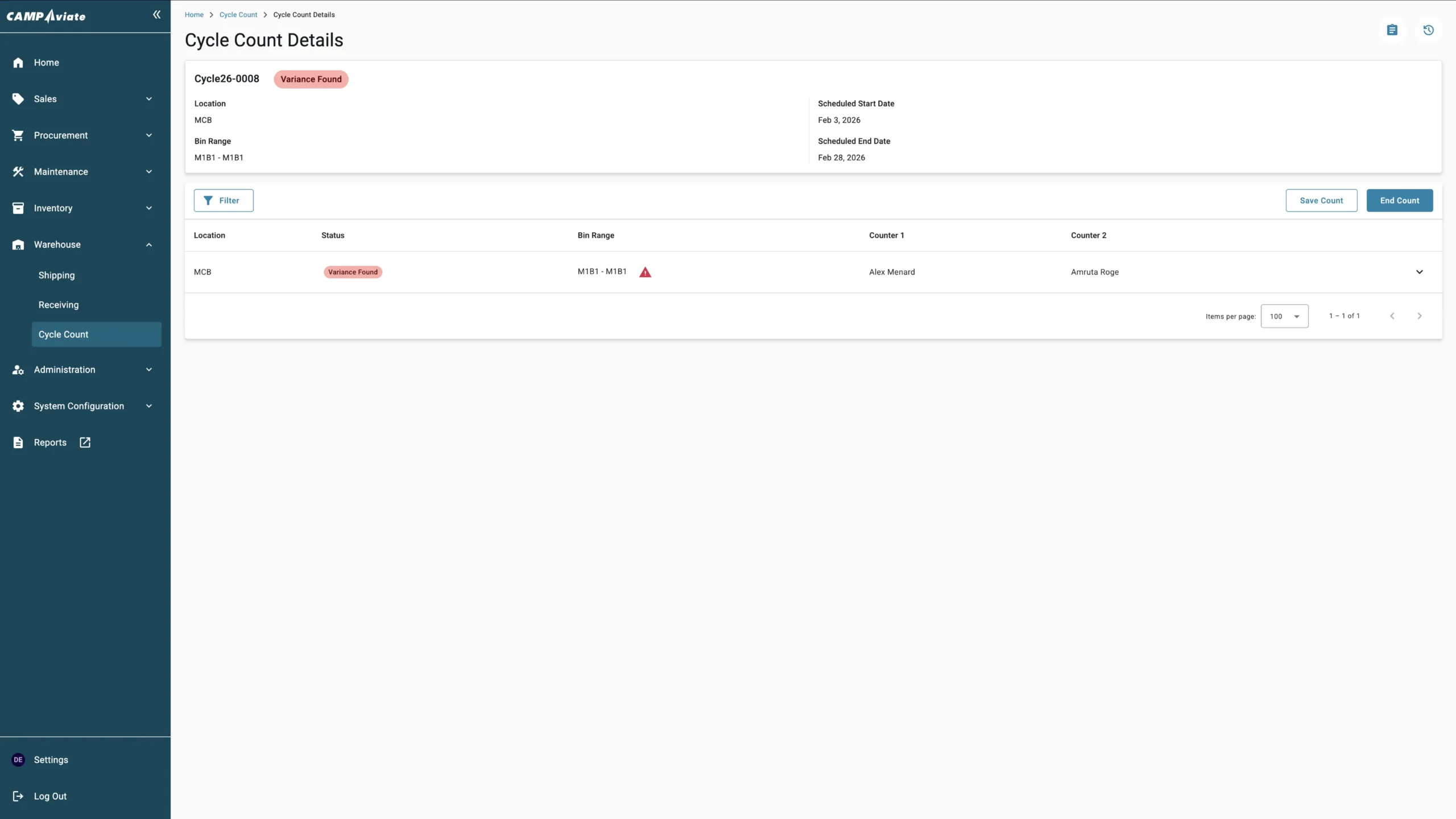 Warehouse cycle count software interface displaying variance alert and count details for MCB location