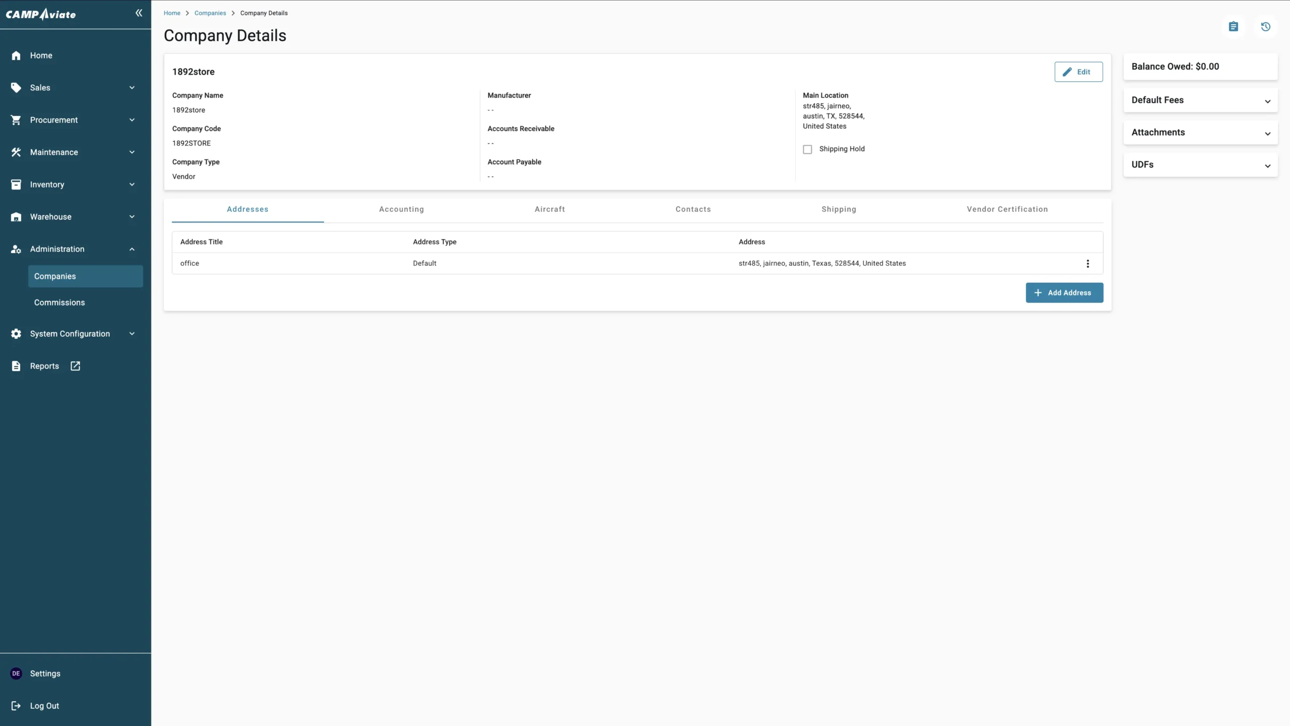 Company details dashboard with addresses and main location in Austin, Texas. Manage contacts and settings