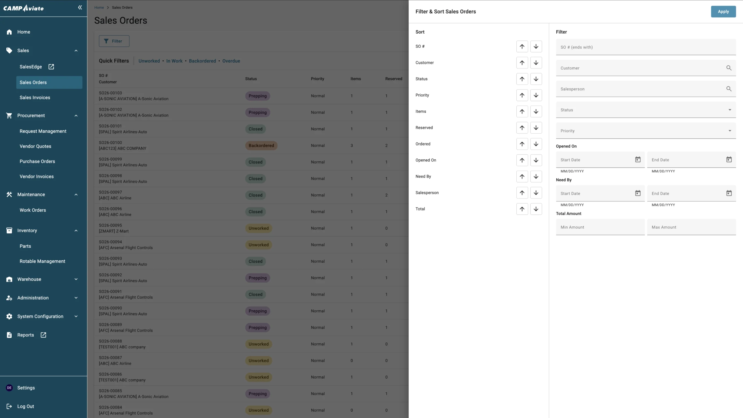 Sales orders dashboard showing filtering and sorting options for efficient order management