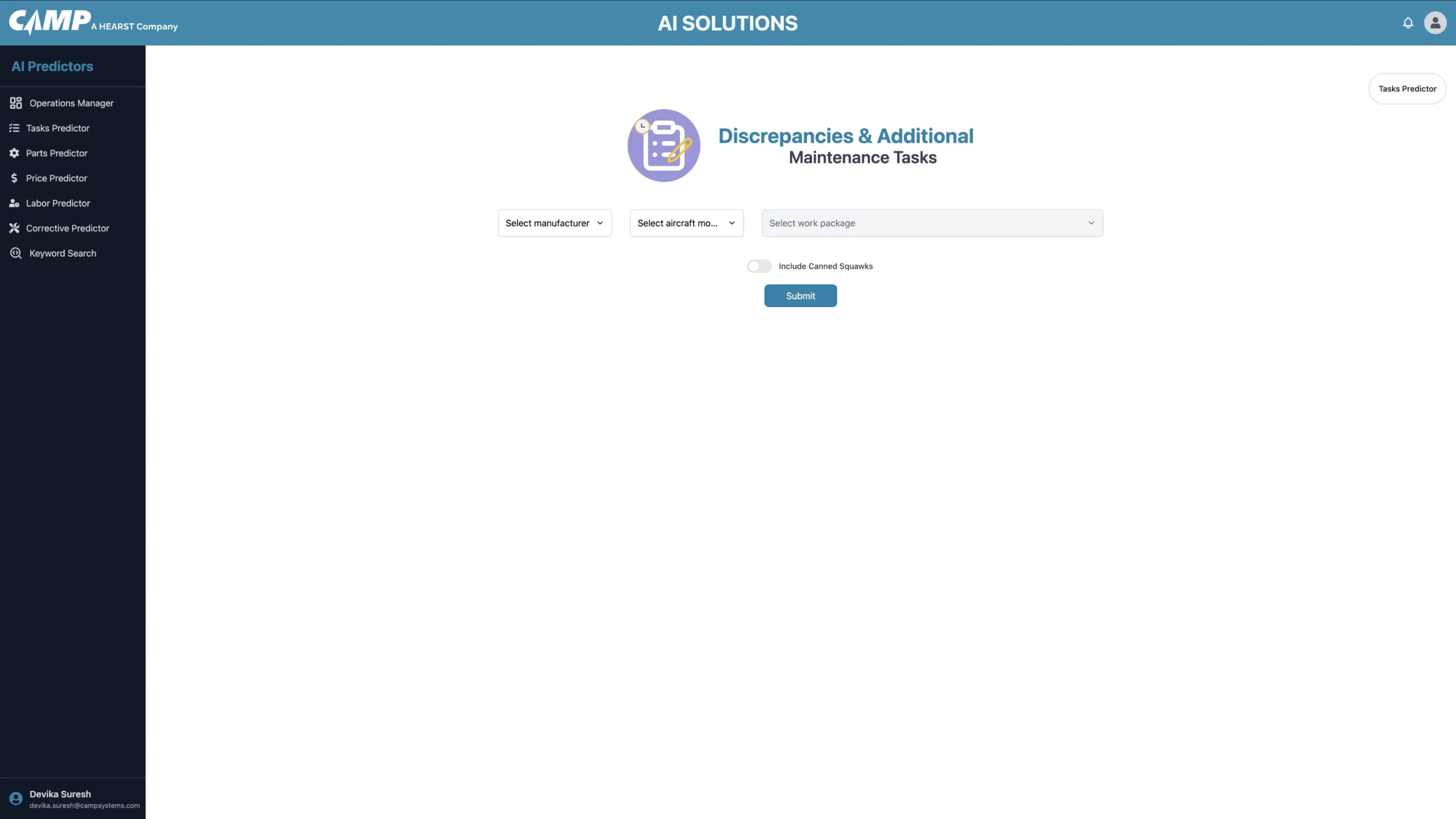AI Solutions interface for discrepancies and maintenance task management with dropdown options and submit button