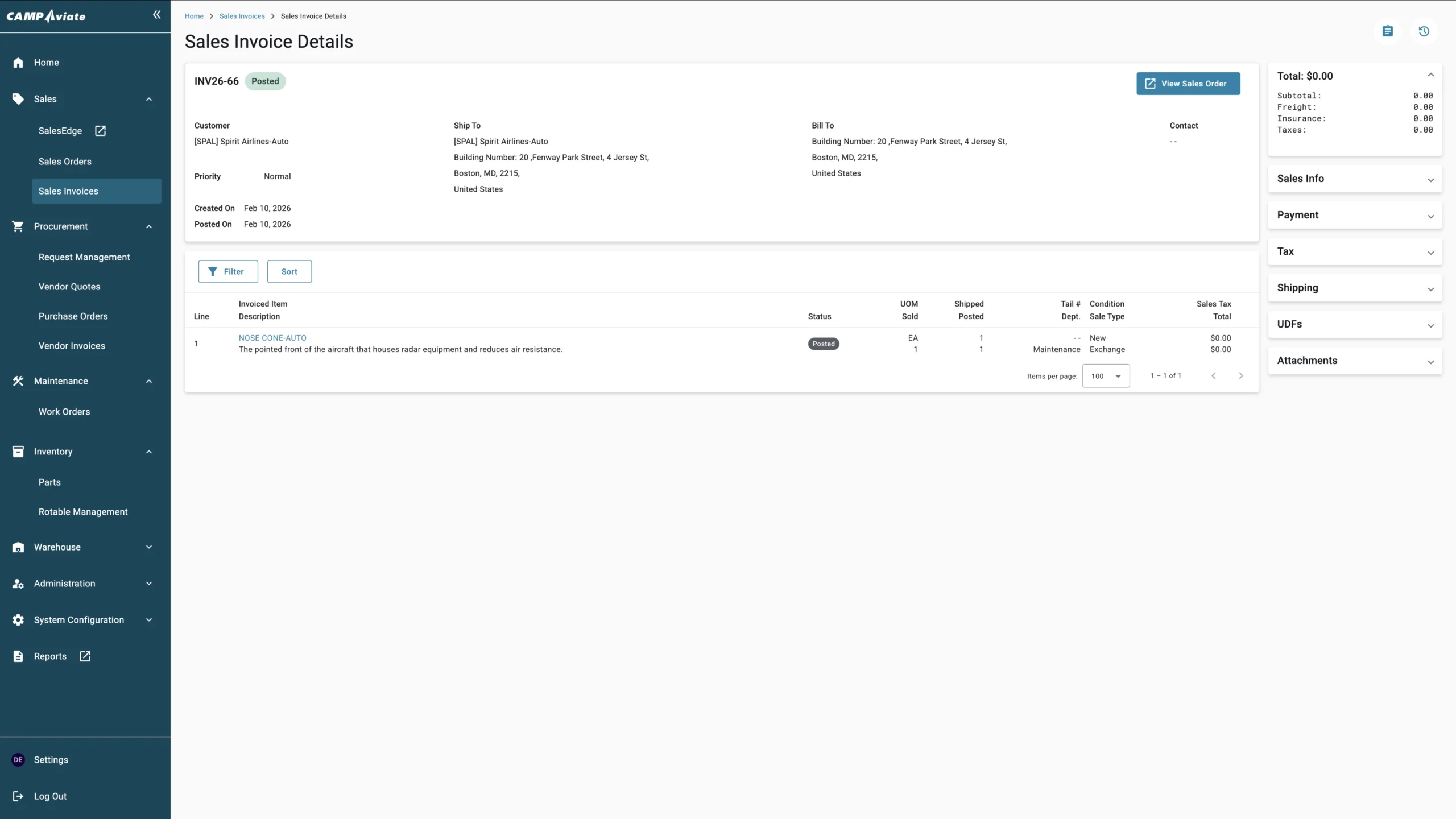 Sales Invoice Details screen for aircraft parts, featuring customer and shipping information with navigation menu