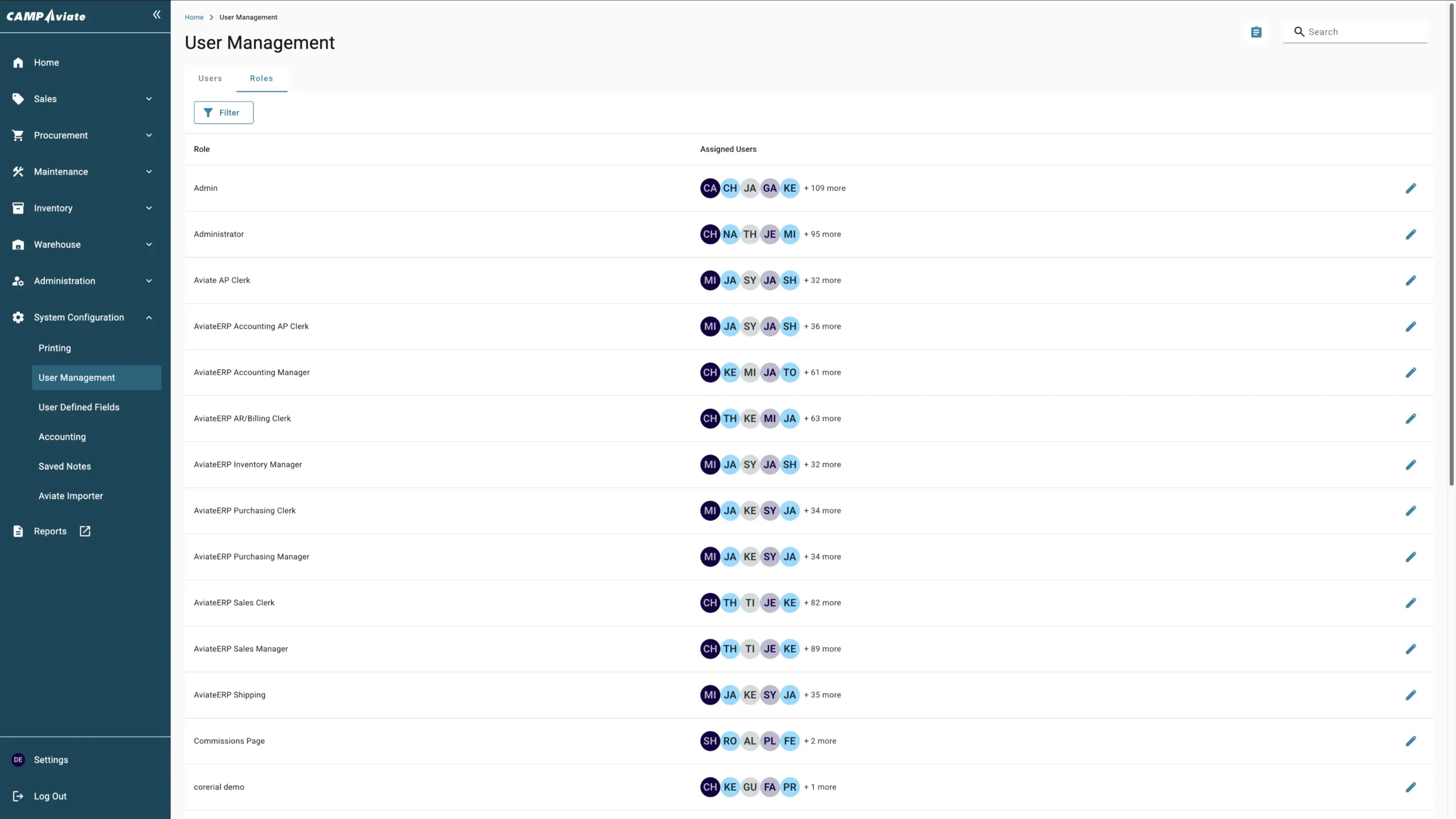 User management interface showing roles and assigned users in a system dashboard.