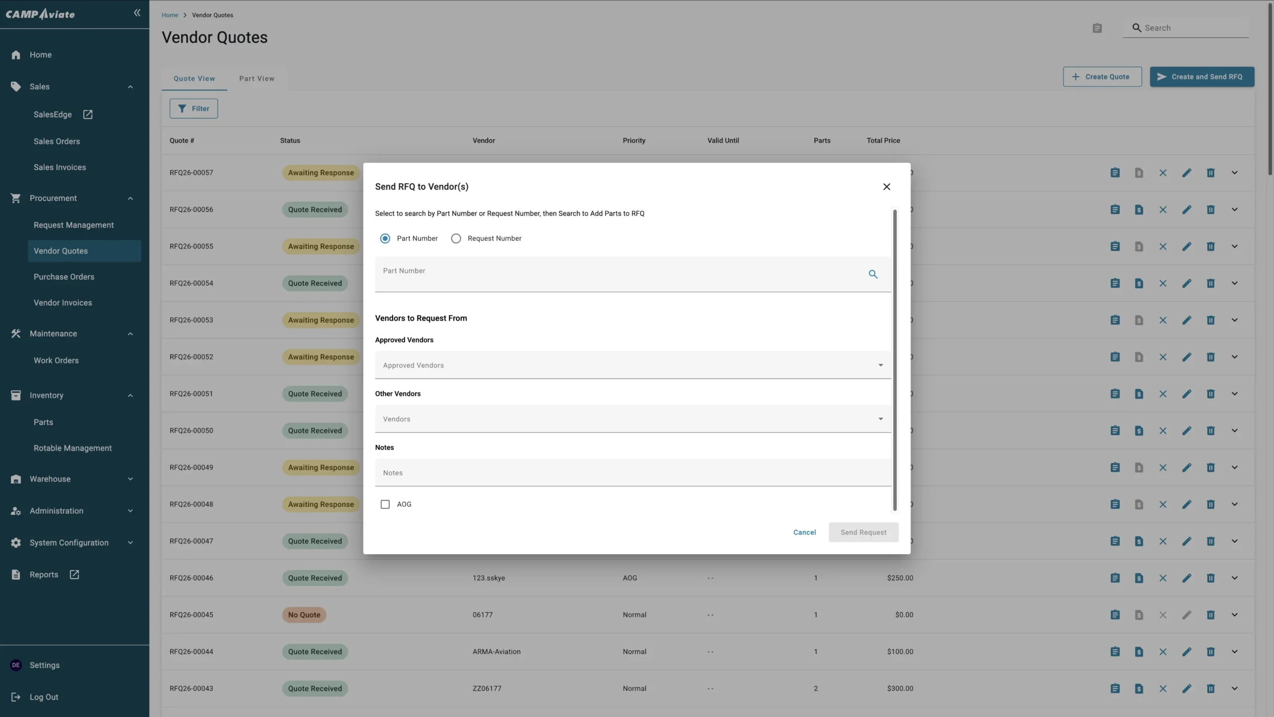 Vendor Quotes dashboard with RFQ form, showing status and options to select part or request numbers for vendors