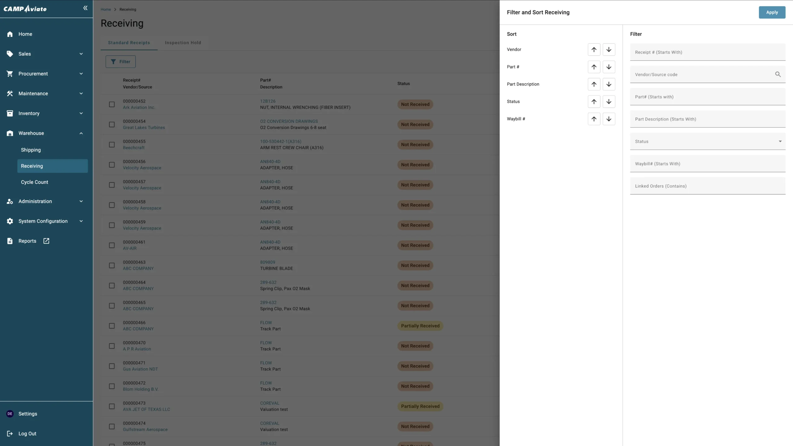 Dashboard interface for managing receiving orders, showing parts, vendors, and status with filter and sort options