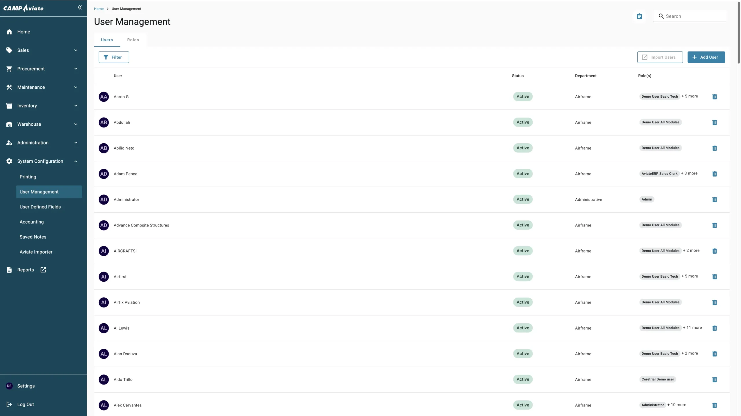 User management interface with list of active users, roles, and departments in a software dashboard.
