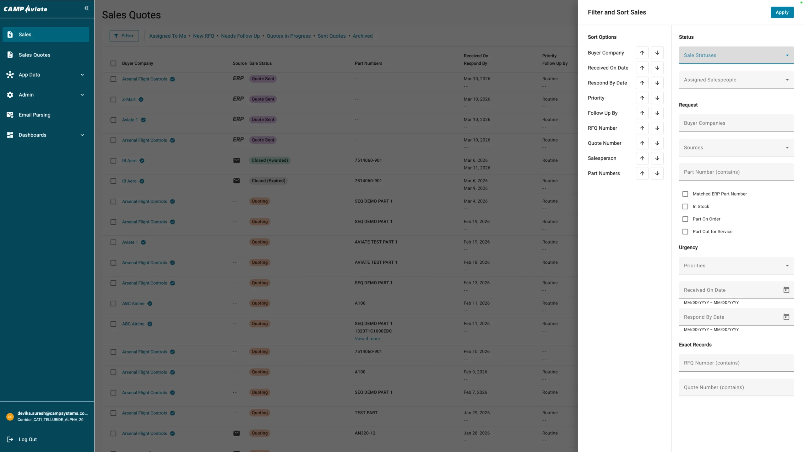 Sales quotes dashboard showing filters for sorting by status, date, and company details