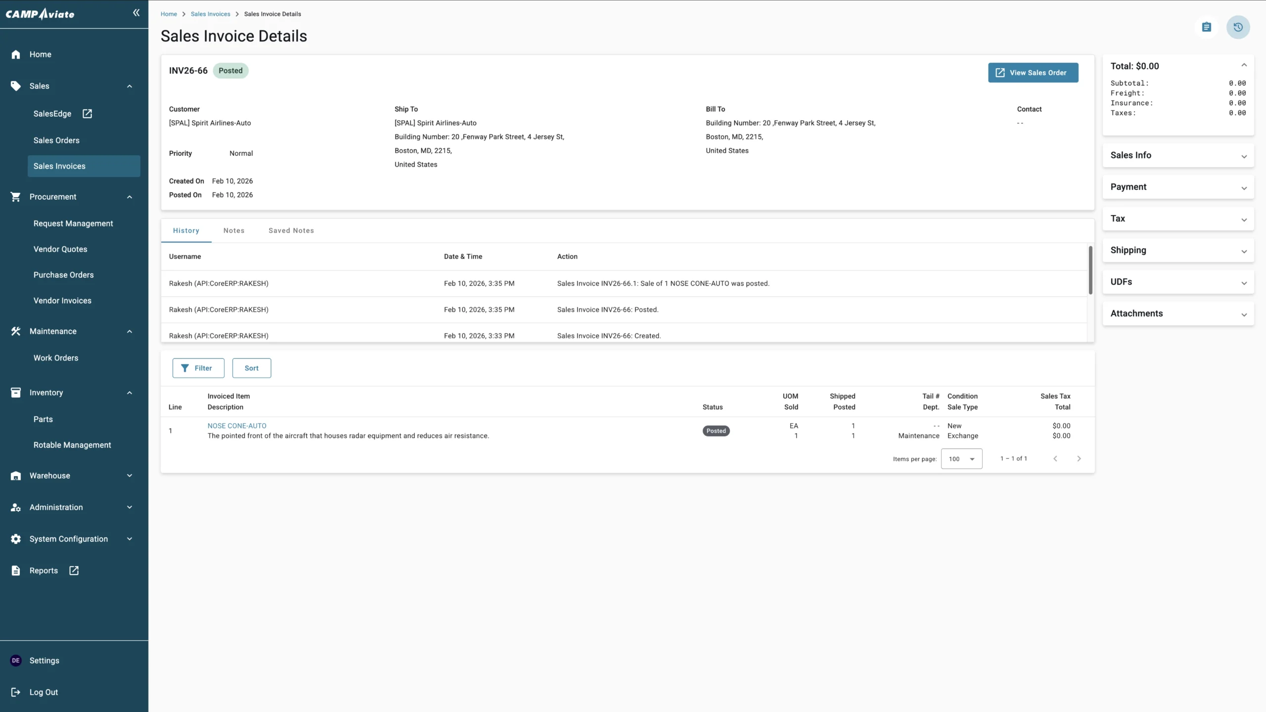 Sales invoice details for Spirit Airlines auto part, including order history and invoice item descriptions
