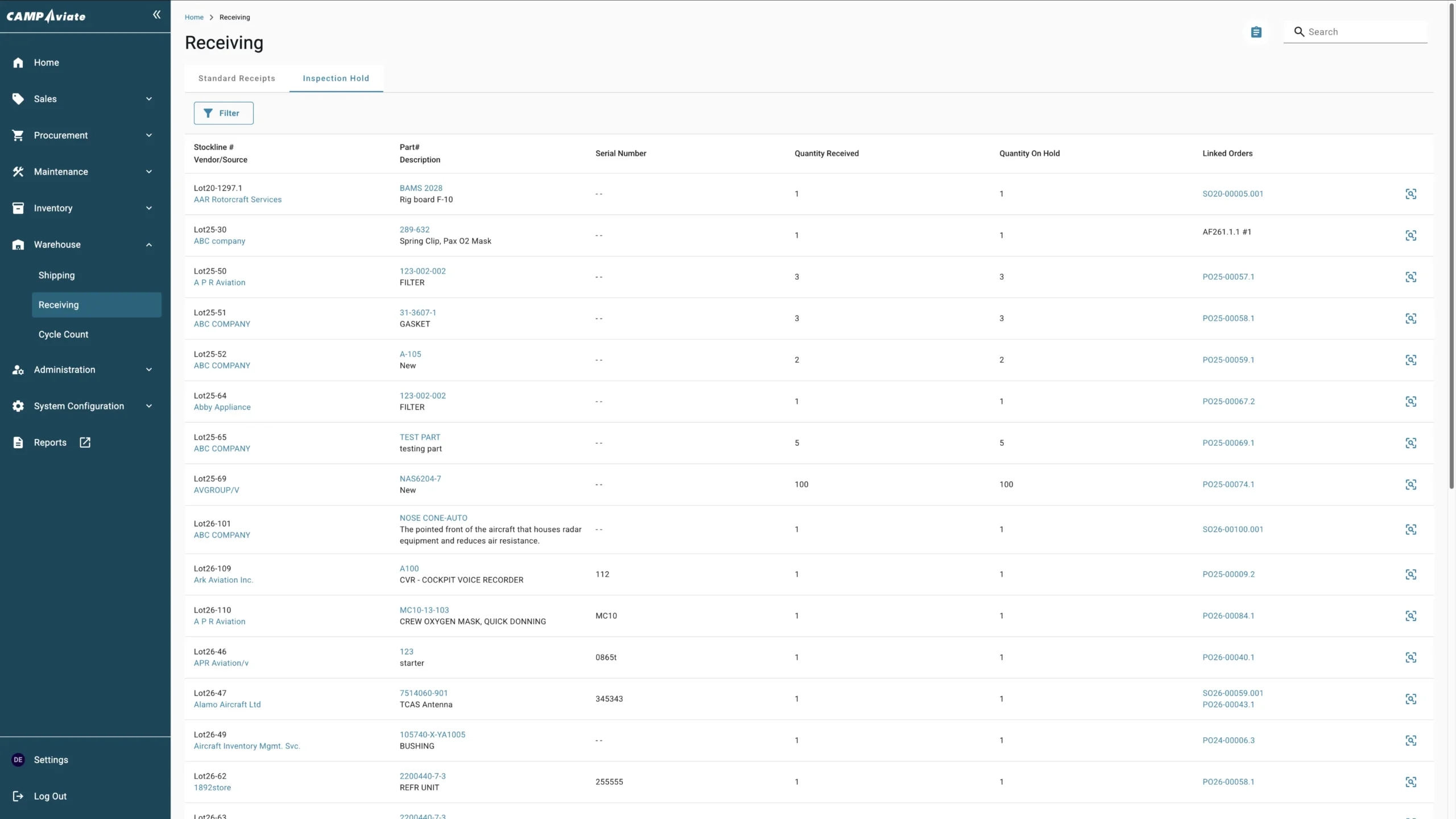 Receiving inventory dashboard showing item lists, quantities, and vendors for efficient warehouse management