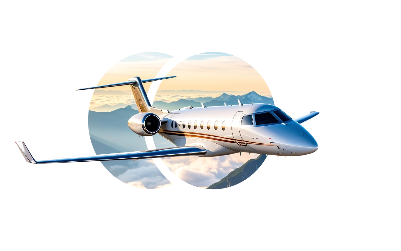 Private jet flying over mountainous landscape, clear sky and clouds in the background.
