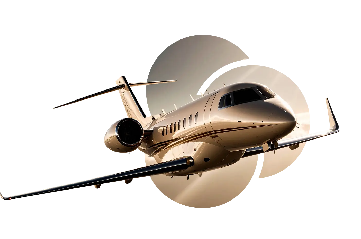 Luxury private jet in flight against a dramatic sky background, highlighting aviation excellence and travel luxury.