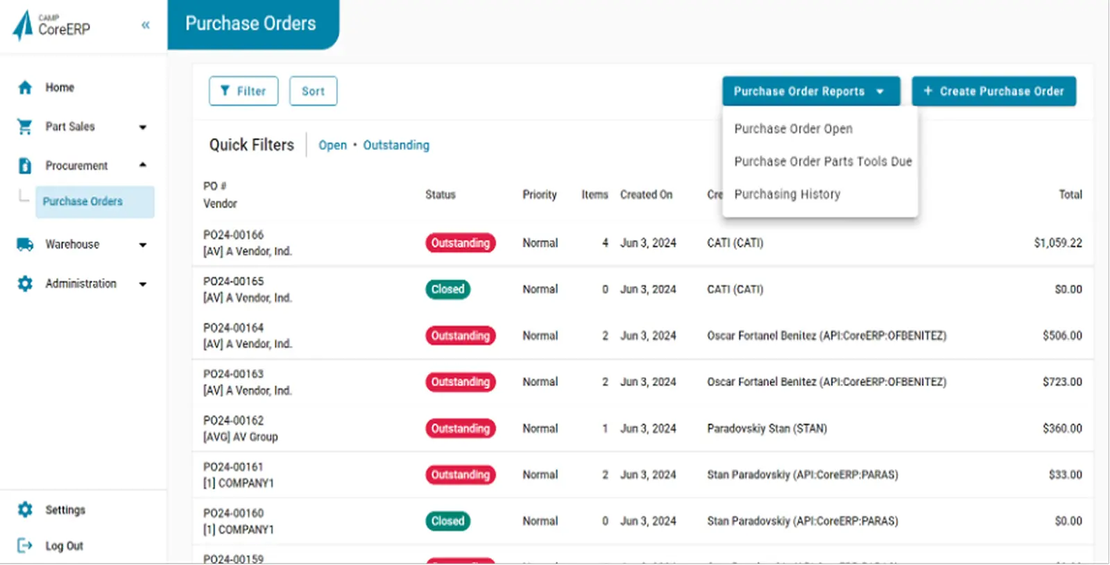ERP purchase order dashboard showing status, priority, and vendor details for efficient procurement management.
