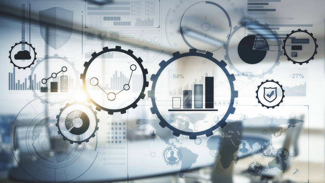 Decorative graphic of data analytics dashboard with charts, graphs, and gears, symbolizing business growth and analysis.
