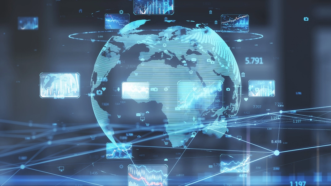 Digital globe with data graphs and connections, representing global business and technology network.