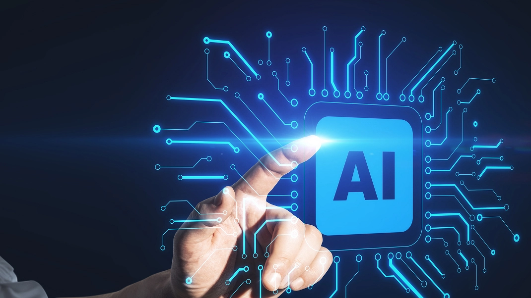 Finger touching AI interface symbolizing technology and innovation.