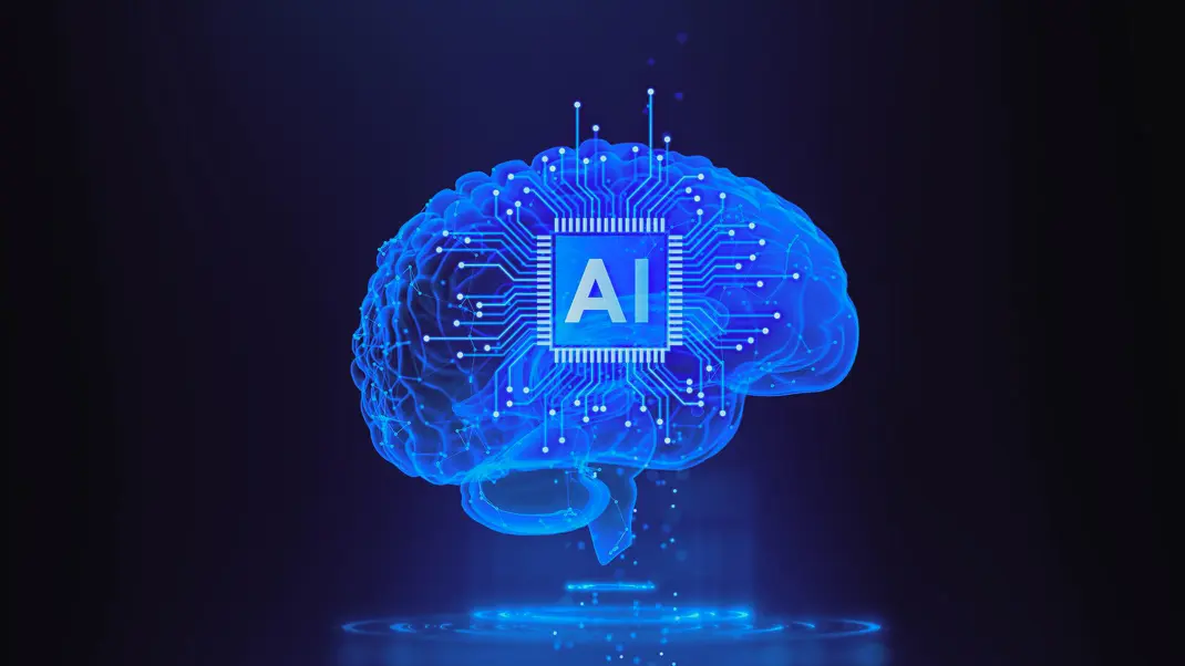 Futuristic digital brain with AI microchip, symbolizing artificial intelligence technology in a glowing blue design.