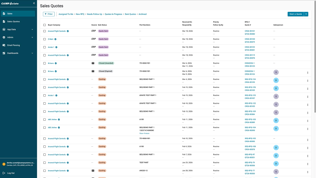 Sales Quotes dashboard displaying a list of buyer companies, statuses, and follow-up priorities in a table view.